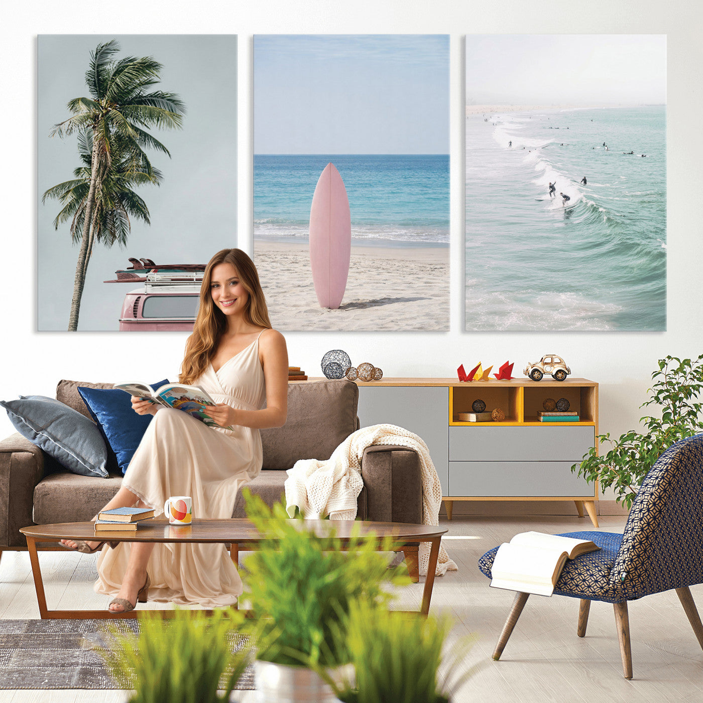 39028765-MGV-CV-60X30-3P - Surf Canvas Wall Art Set, Pink Surfboard VW Van Palm Tree Triptych, Beach House Coastal Decor, Pastel Ocean Photography Print, Boho Surf Decor