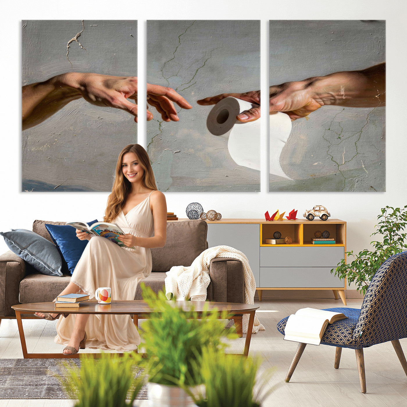 72030048-MGV-CV-36X24 - Funny Bathroom Wall Art Canvas, Creation of Toilet Paper Parody Print, Renaissance Humor Decor, Toilet Room Art, Quirky Housewarming Gift, Classic Art Spoof