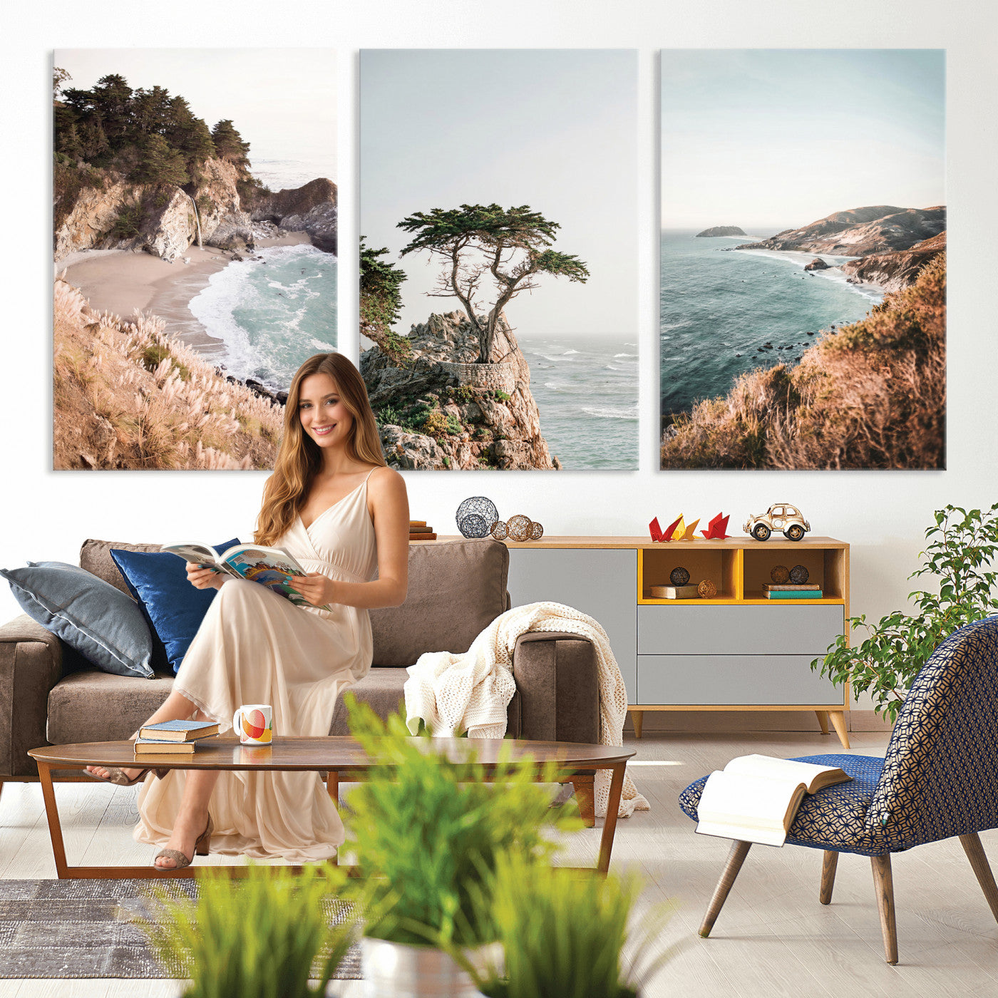 68839391G-MGV-CV-60X30-3P - California Coast Canvas Wall Art Set, Big Sur McWay Falls Lone Cypress Triptych Print, Coastal Photography Decor, Beach House Wall Art