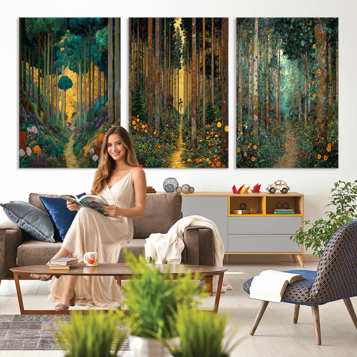 79483321-MGV-CV-60X30-3P - Gustav Klimt Style Forest Canvas Wall Art, Golden Forest Path Floral Art Nouveau Print, Enchanted Woodland Decor, Maximalist Colorful Nature Art