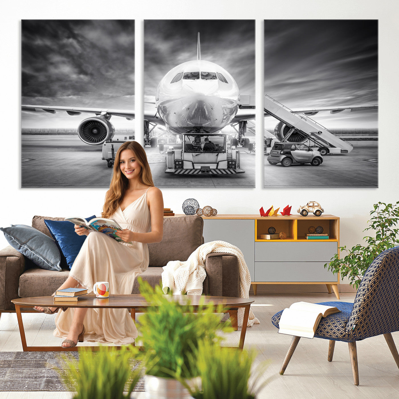 85885848-MGV-CV-36X24 - Airplane Wall Art Canvas Print, Black and White Jet Aircraft Airport Runway Framed Aviation Artwork for Pilot Office Hangar Travel Decor