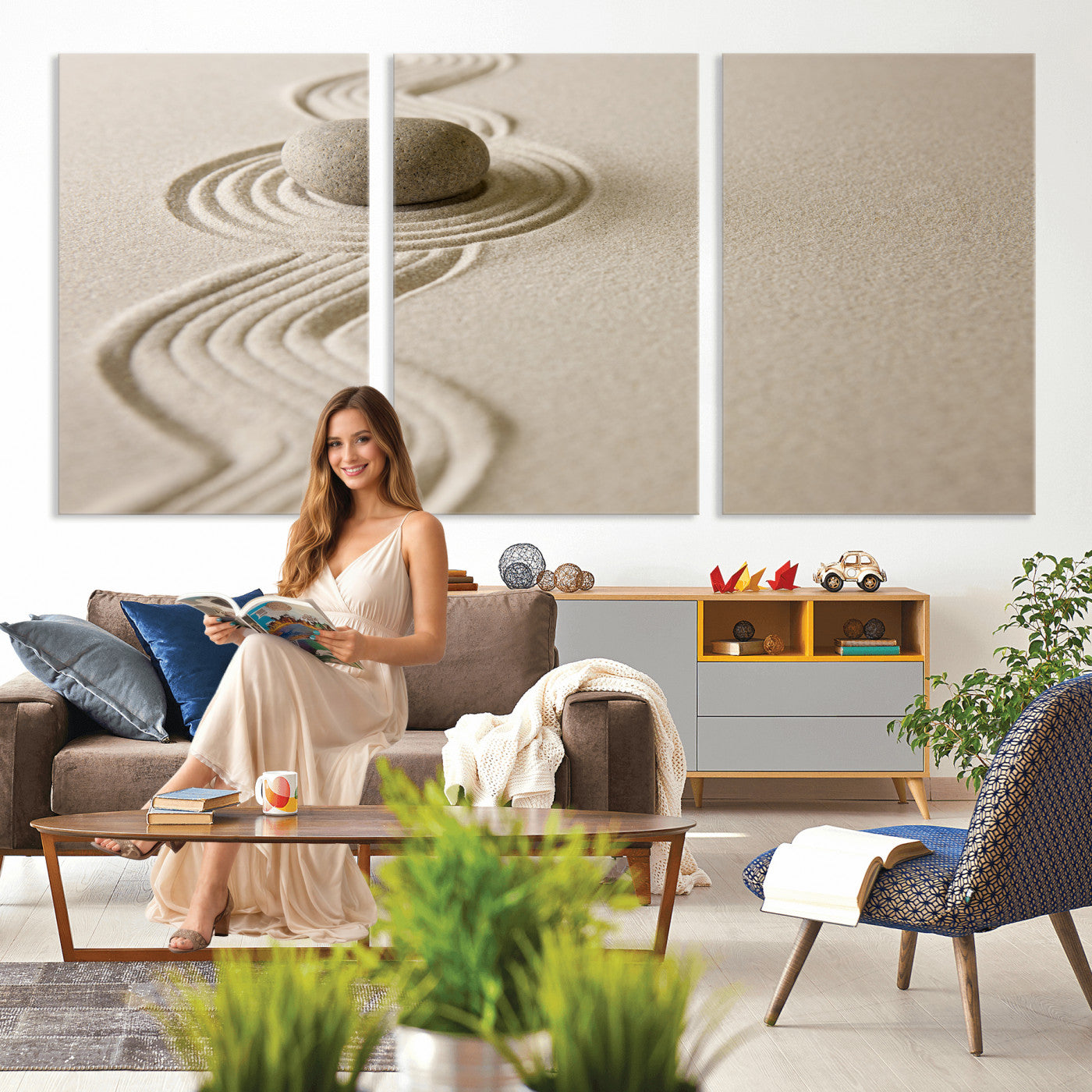 66852661-MGV-CV-36X24 - Zen Garden Stone Sand Canvas | Japanese Rock Garden Wall Art | Minimalist Meditation Print | Neutral Beige Mindfulness Decor