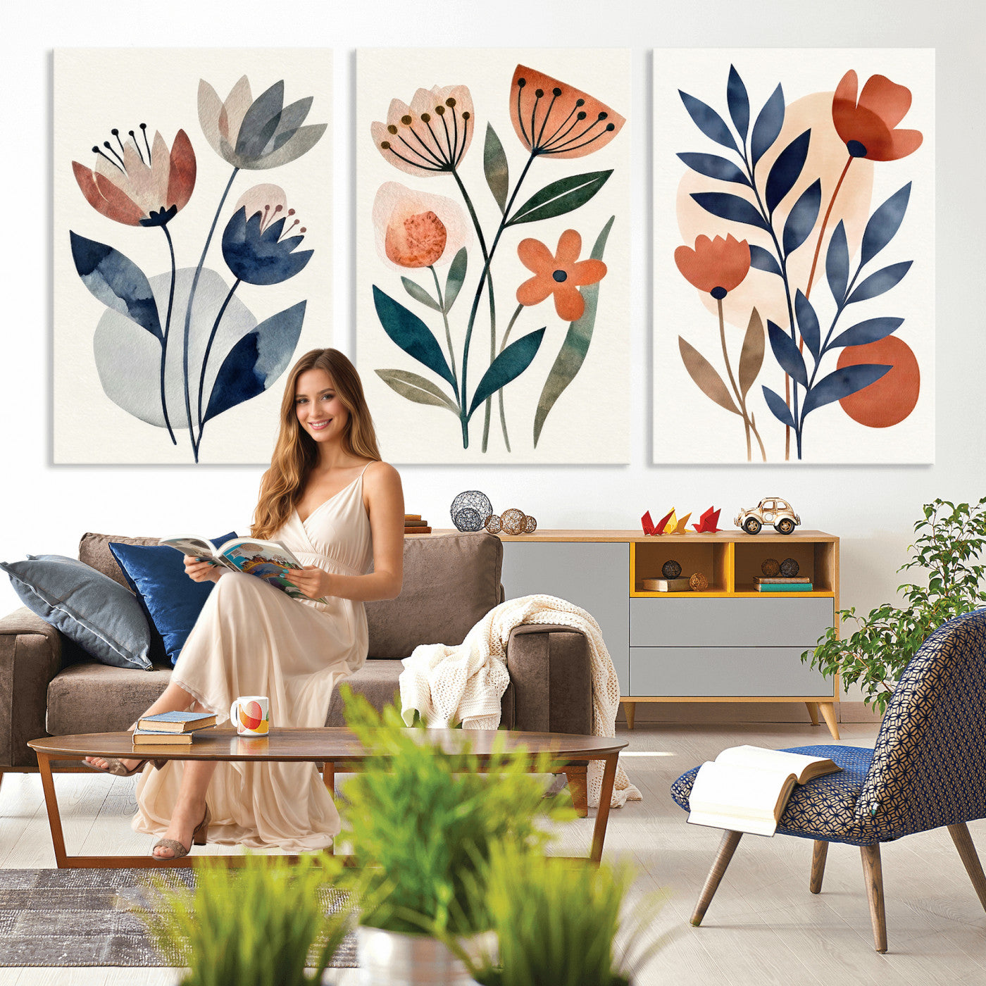 64426285-MGV-CV-60X30-3P - Watercolor Botanical Canvas Wall Art Set, Navy Terracotta Floral Triptych Print, Minimalist Flower Decor, Boho Living Room Art, Scandinavian Nature Print