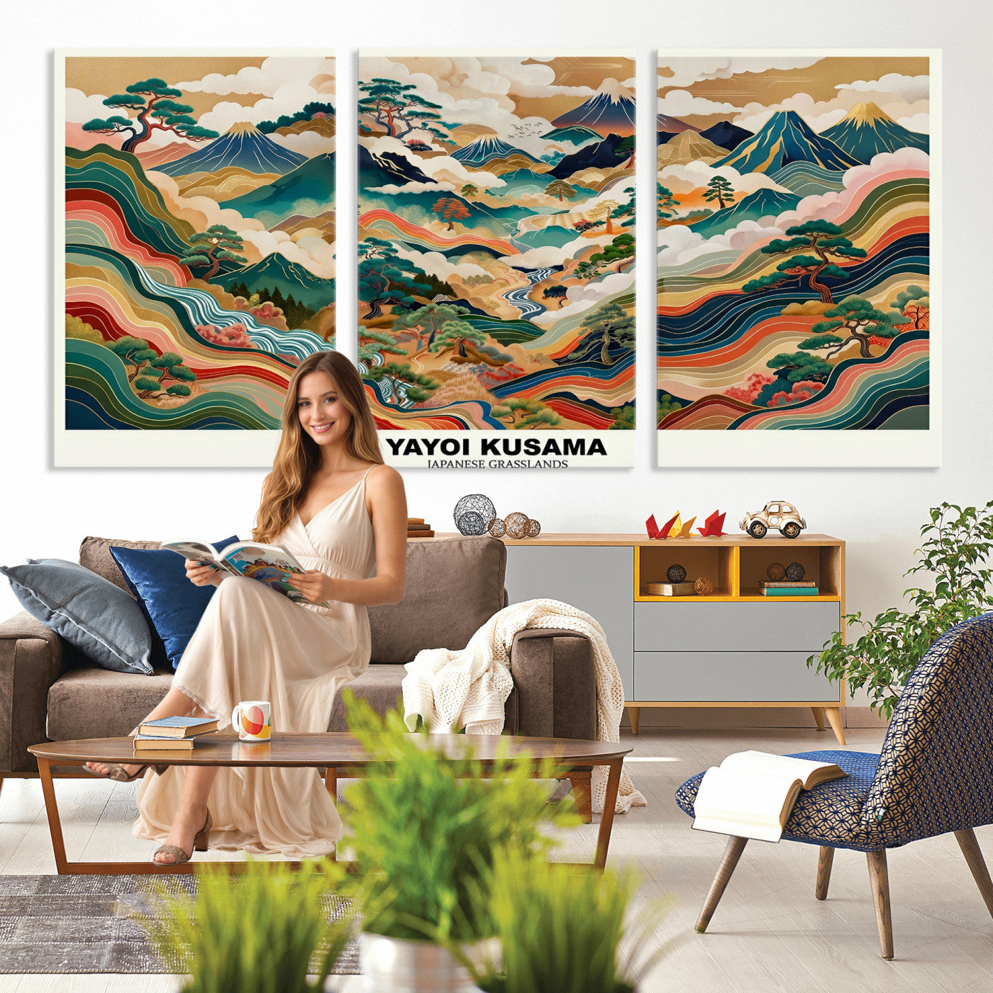89903380-MGV-CV-60X30-3P - Japanese Grasslands Canvas Wall Art, Kusama Inspired Landscape Print, Colorful Japanese Nature Poster, Ukiyo-e Style Mountain Decor, Asian Art Print