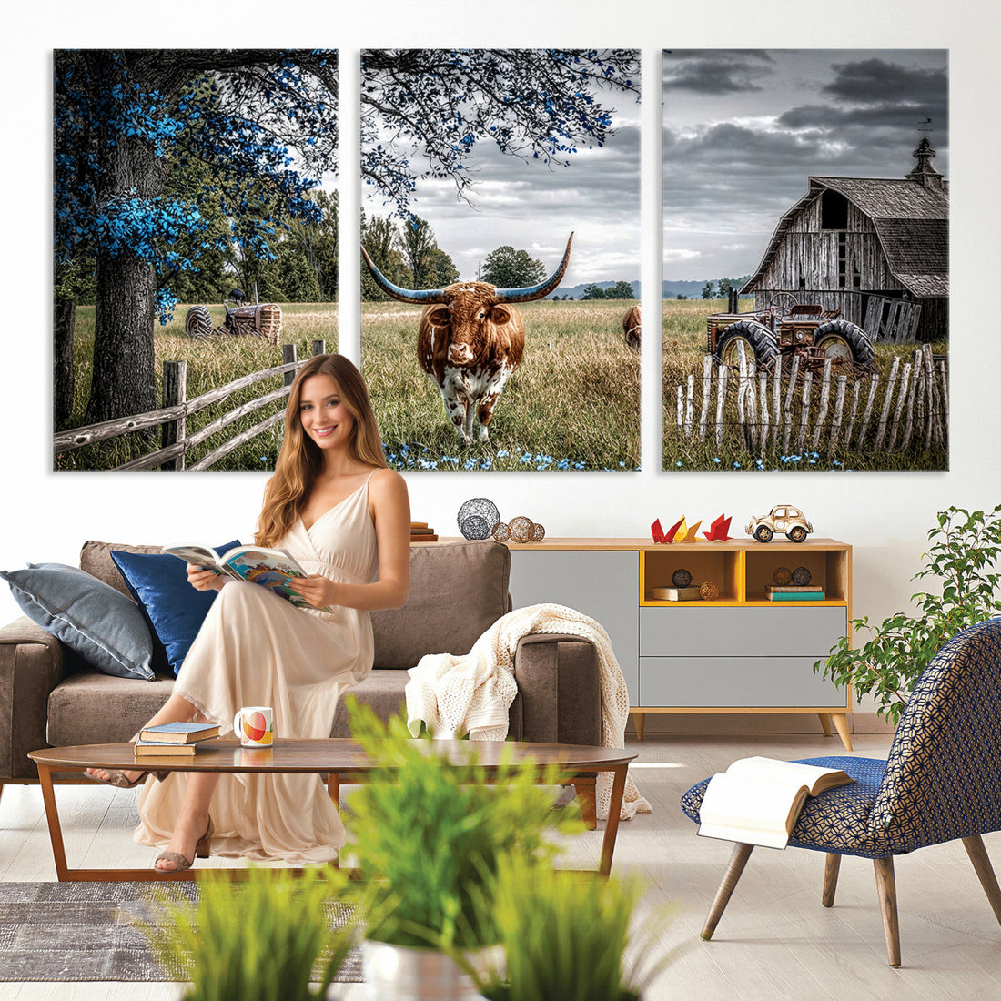 Texas Longhorn Canvas Wall Art, Rustic Farm Barn Bluebonnet, Framed and Ready to Hang