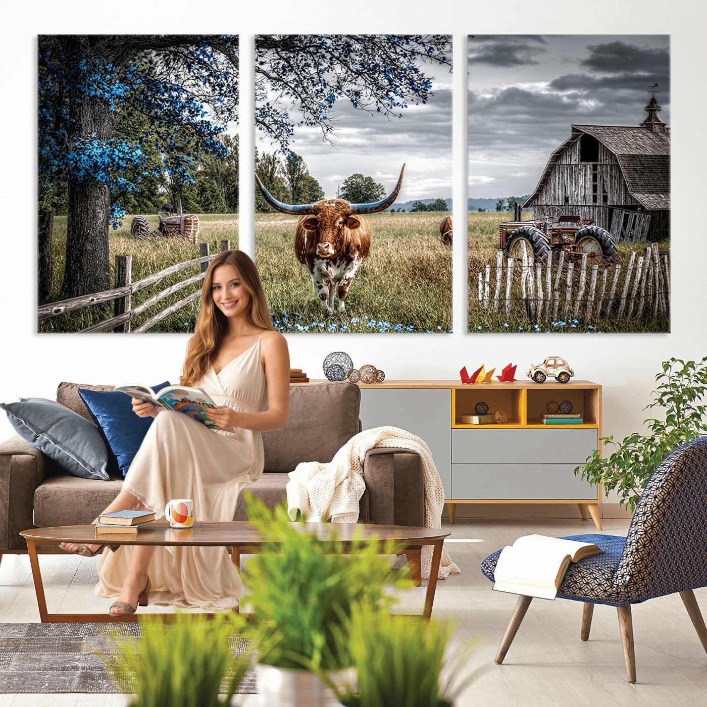 40526446-MGV-CV-60X30-3P - Texas Longhorn Canvas Wall Art, Rustic Farm Barn Bluebonnet Photography Print, Farmhouse Country Decor, Western Ranch Art, Old Truck Tractor Print