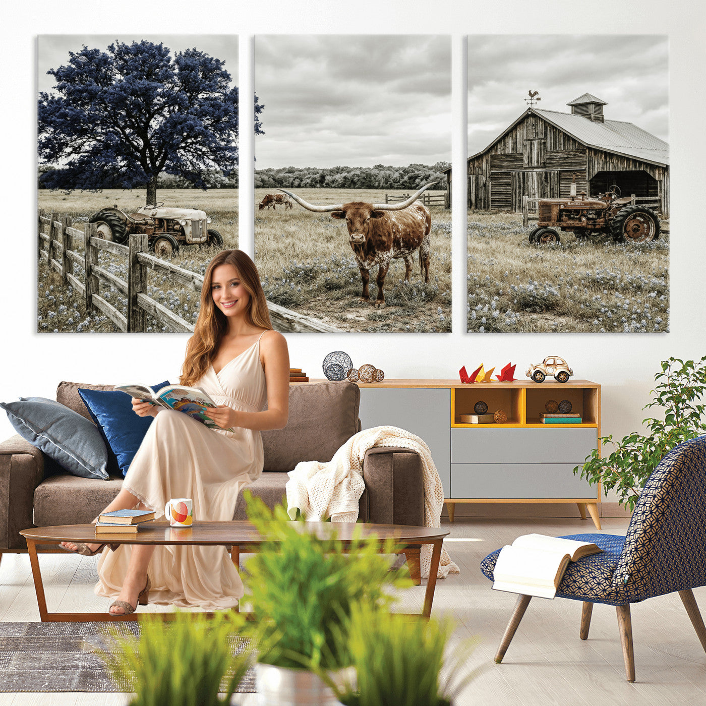 34049737-MGV-CV-60X30-3P - Texas Longhorn Canvas Wall Art, Rustic Farm Barn Bluebonnet Photography Print, Farmhouse Country Decor, Western Ranch Art, Old Truck Tractor Print