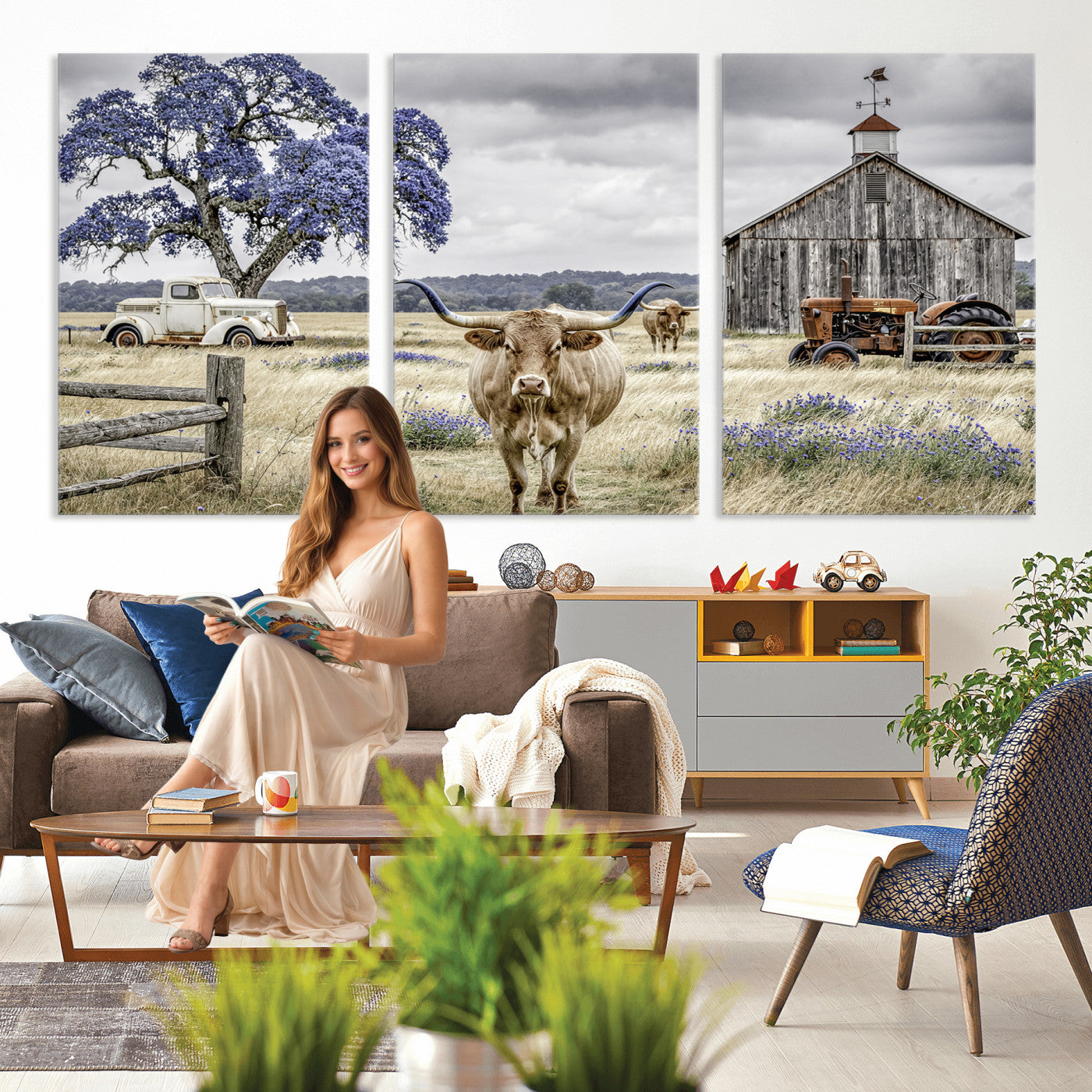 62336425-MGV-CV-60X30-3P - Texas Longhorn Canvas Wall Art, Rustic Farm Barn Bluebonnet Photography Print, Farmhouse Country Decor, Western Ranch Art, Old Truck Tractor Print