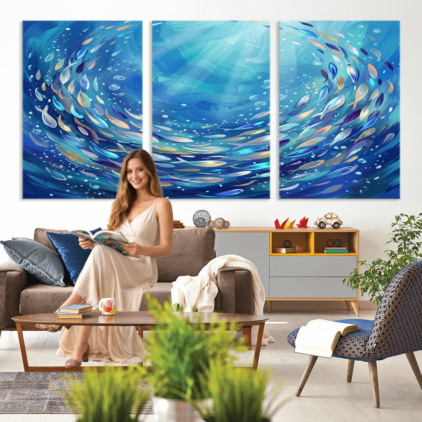 78699899-MGV-CV-36X24 - School of Fish Canvas Print | Blue Ocean Underwater Wall Art | Swirling Fish Shoal Illustration | Marine Navy Coastal Decor