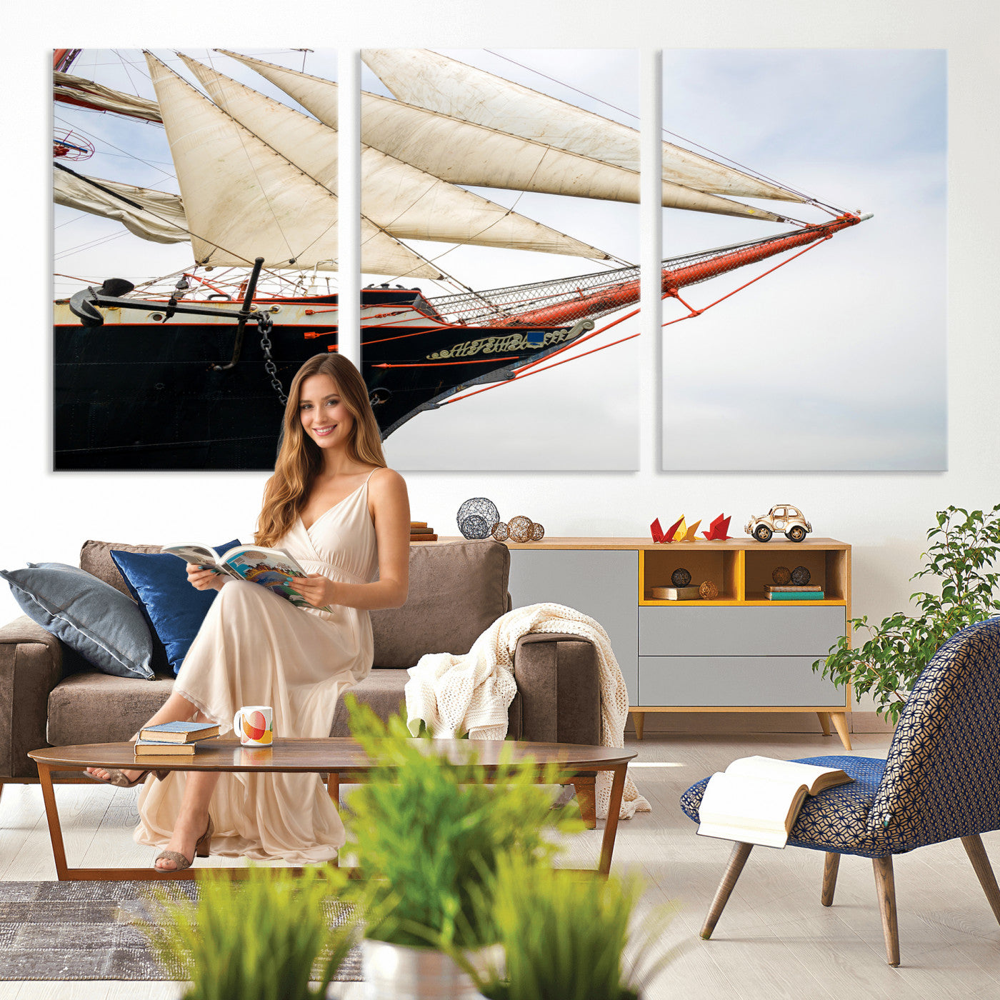 64830036-MGV-CV-36X24 - Sailboat Wall Art Canvas Print, Vintage Ship Bow Framed Artwork, Nautical Sailing Decor for Living Room Office Beach House