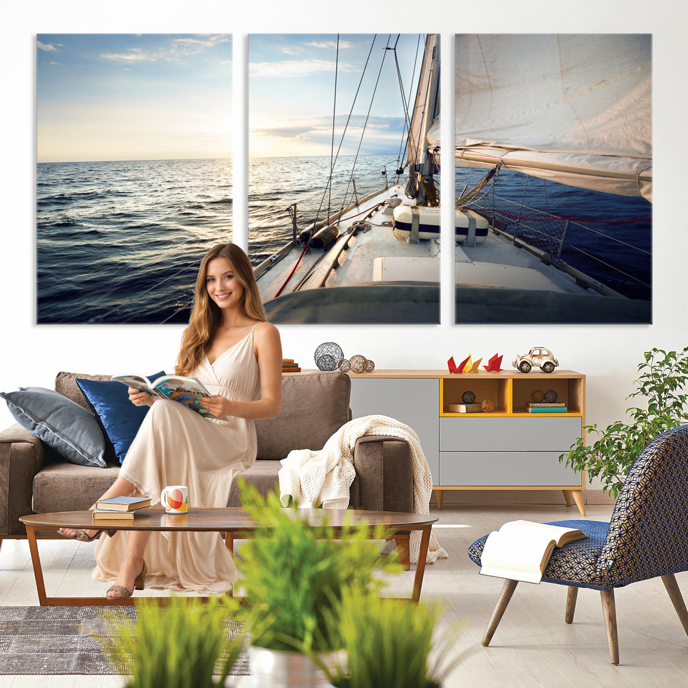 76381335-MGV-CV-36X24 - Sailboat Wall Art Canvas Print, Ocean Sunset Sailing Framed Artwork, Coastal Nautical Seascape Decor for Living Room Office Beach House