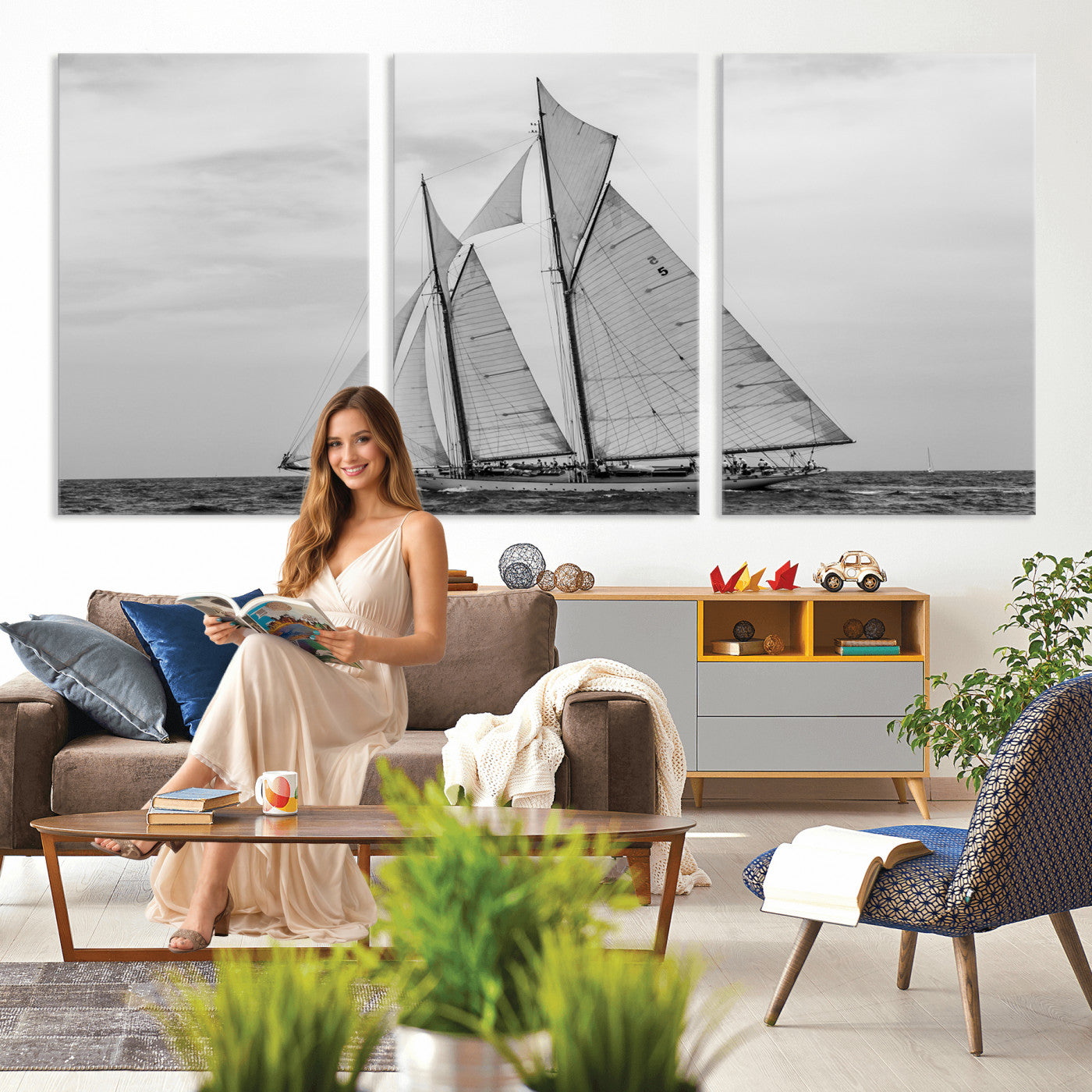 52882918-MGV-CV-36X24 - Vintage Sailboat Wall Art Canvas Print, Black and White Schooner Framed Artwork, Nautical Ocean Sailing Decor for Living Room Office Beach House