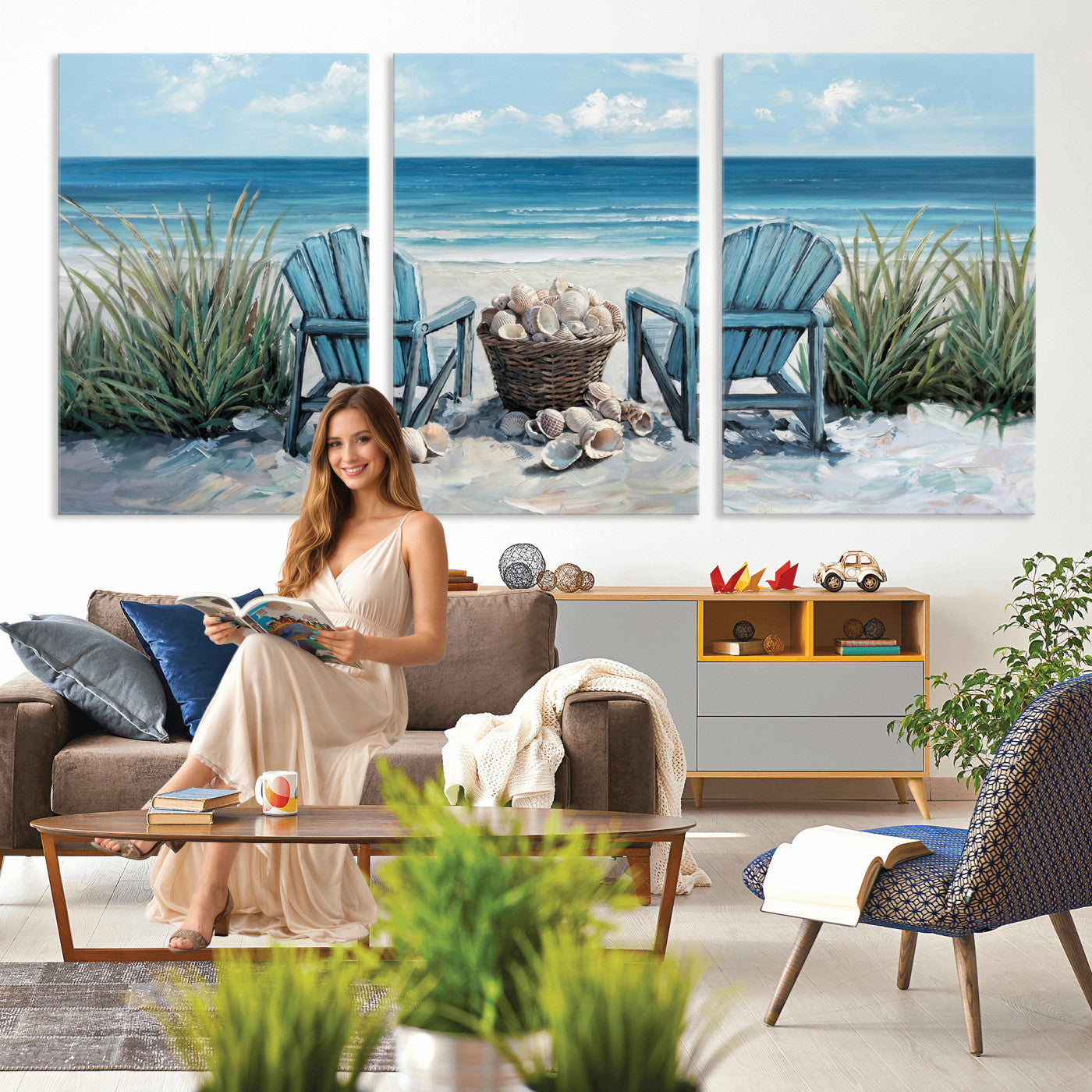 11973028-MGV-CV-36X24 - Beach Canvas Wall Art Coastal Adirondack Chairs Ocean Seashells Blue Nautical Framed Large for Living Room Bedroom Bathroom Decor