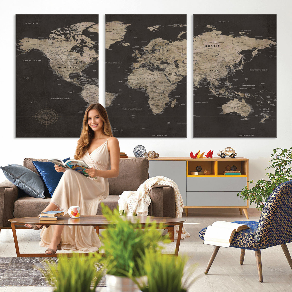 56556018136-MGV-CV-36X24 - World Map Canvas Wall Art, Dark Charcoal and Antique Tan Detailed Map