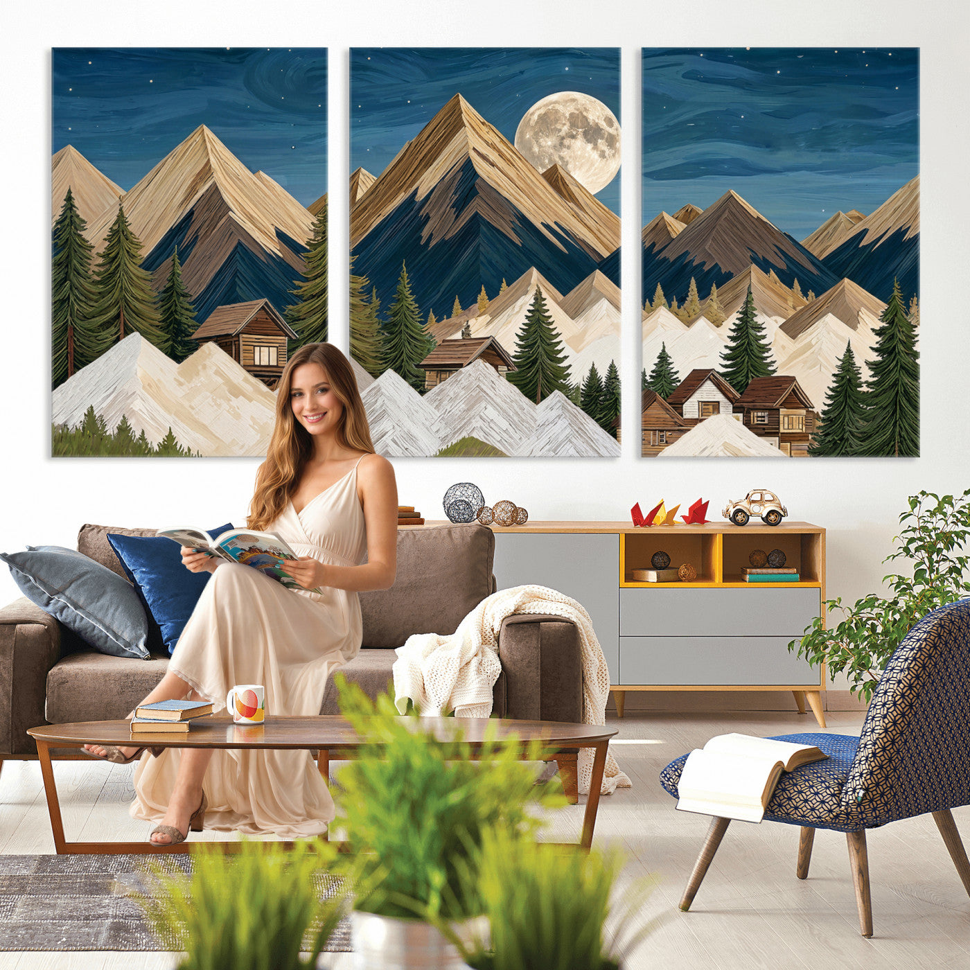 17622011MO-MGV-CV-60X30-3P - Moonlit Mountain Cabin Wall Art Canvas Print, Rustic Mountain Landscape Canvas Print, Woodland Cabin Wall Decor, Framed Nature Artwork Ready to Hang
