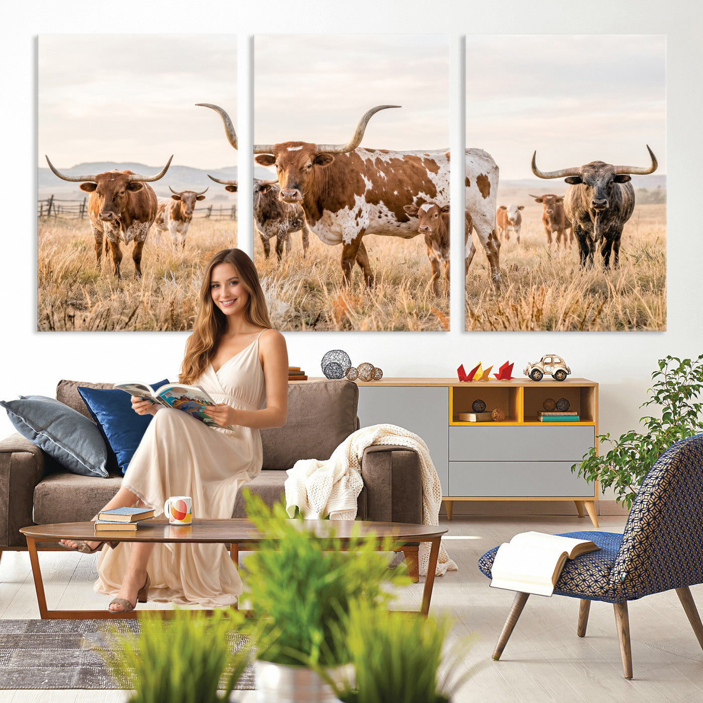 62336425AC-MGV-CV-36X24 - Texas Longhorn Canvas Wall Art, Rustic Farm Animal Photography Print, Farmhouse Country Decor, Western Ranch Art
