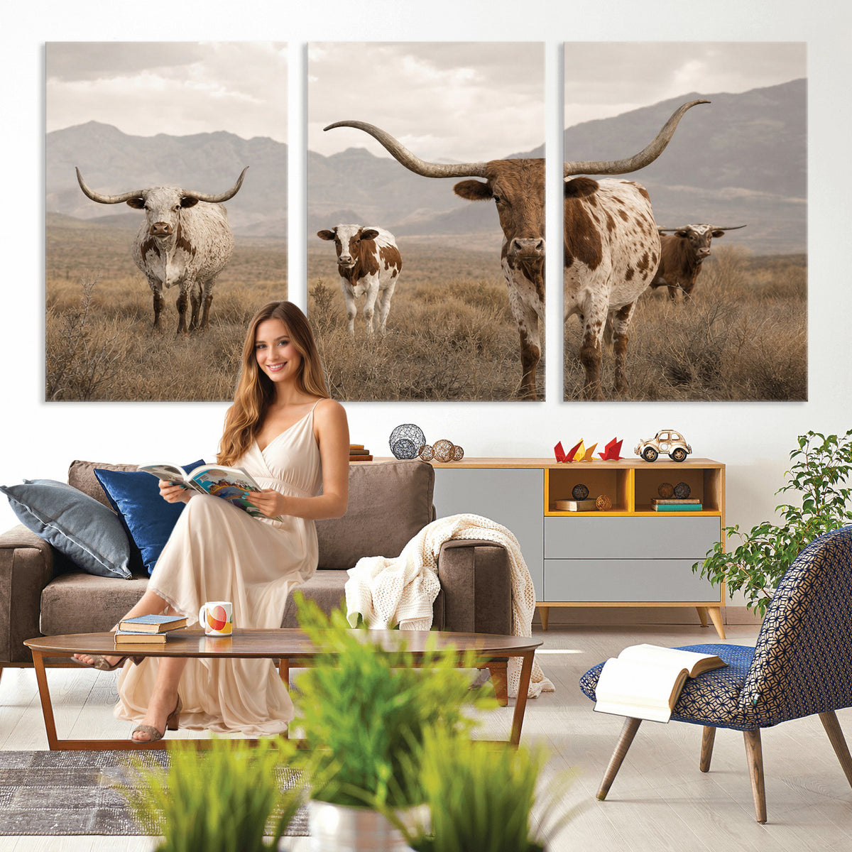 62336425AD-MGV-CV-36X24 - Rustic Texas Longhorn Cow Canvas Wall Art Print, Rustic Farm Animal Photography Print, Farmhouse Country Decor, Western Ranch Art