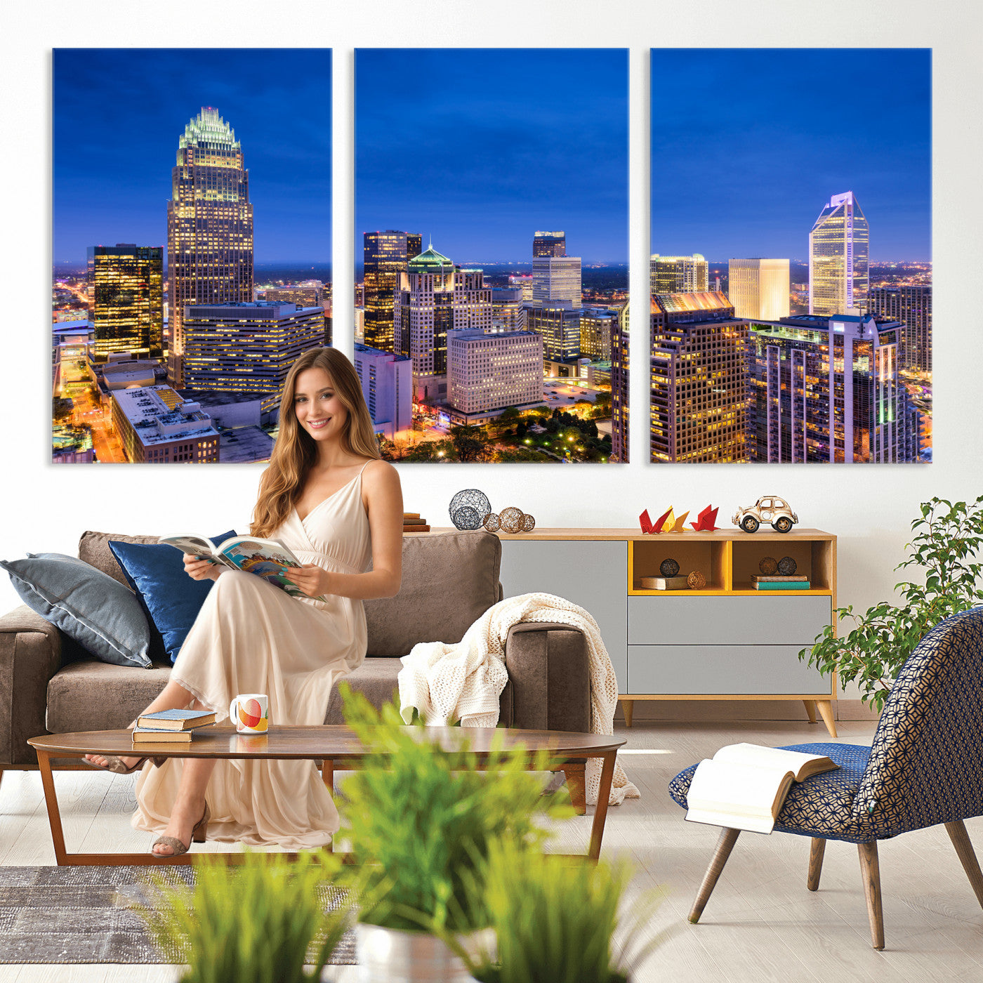 74382190-MGV-CV-36X24 - Charlotte Skyline Canvas Wall Art Print – North Carolina Cityscape Photography Print