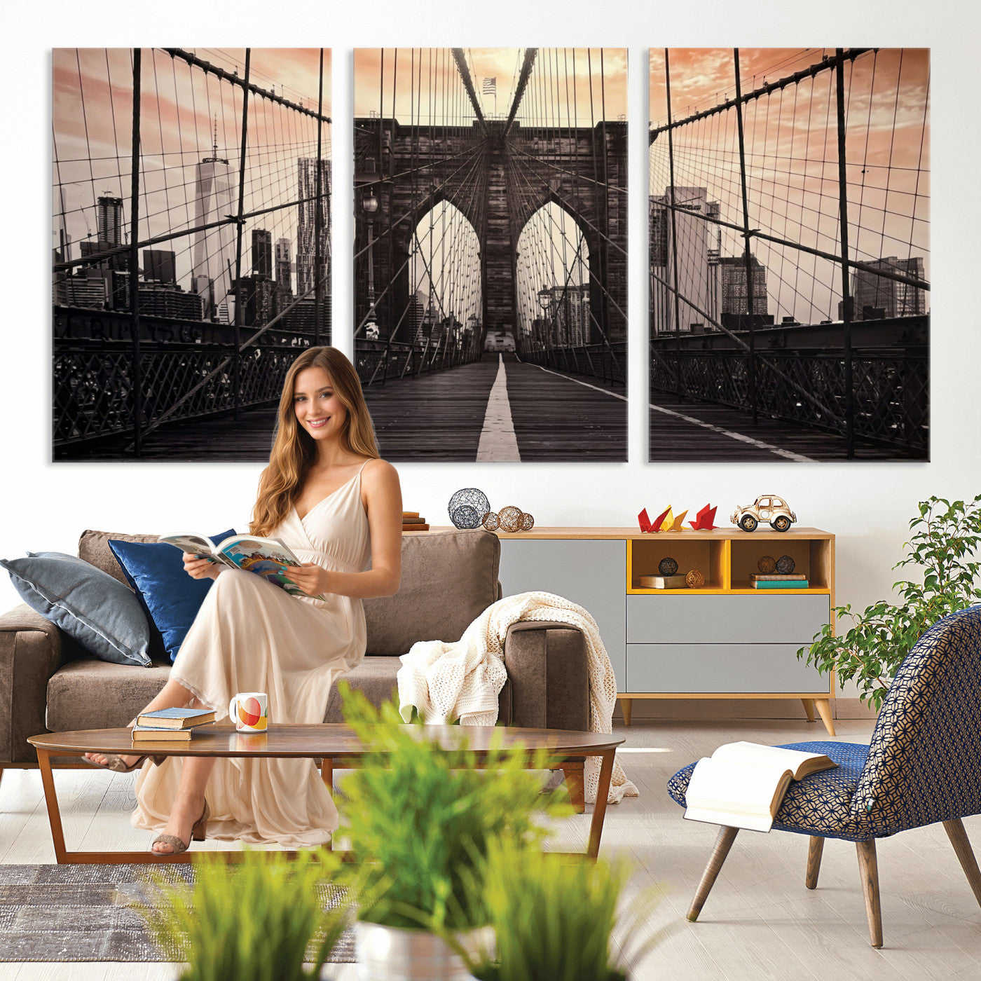 93226664-MGV-CV-36X24 - Brooklyn Bridge Canvas Wall Art, New York City Skyline Photography Print, NYC Landmark Urban Decor Artwork