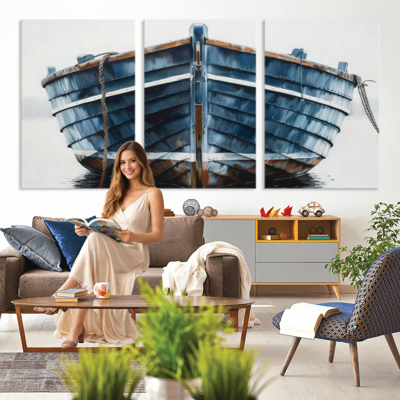 21601740-MGV-CV-36X24 - Blue Wooden Rowboat Canvas Wall Art, Coastal Nautical Boat Painting Print for Lake Beach House Decor, Minimalist Maritime Decor Artwork