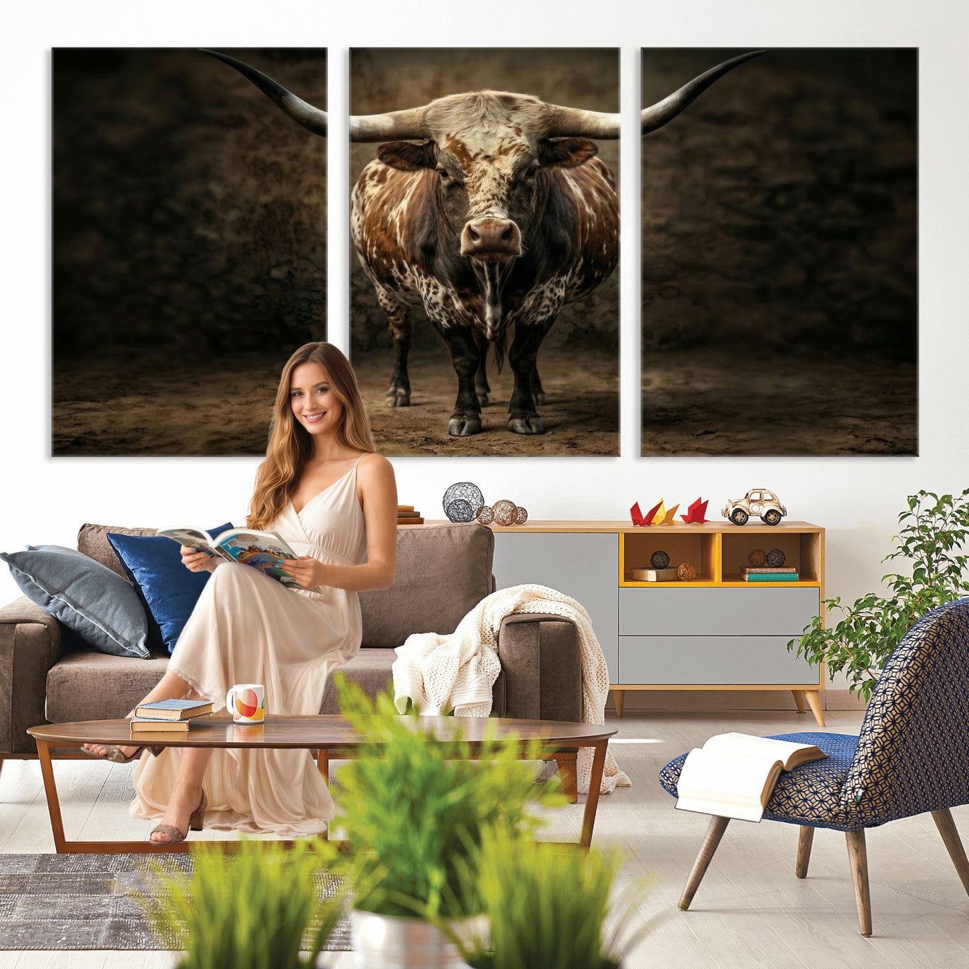 59378683-MGV-CV-60X30-3P - Texas Longhorn Bull Canvas Wall Art, Western Ranch Cattle Photography Print, Rustic Farmhouse Cowboy Decor Artwork