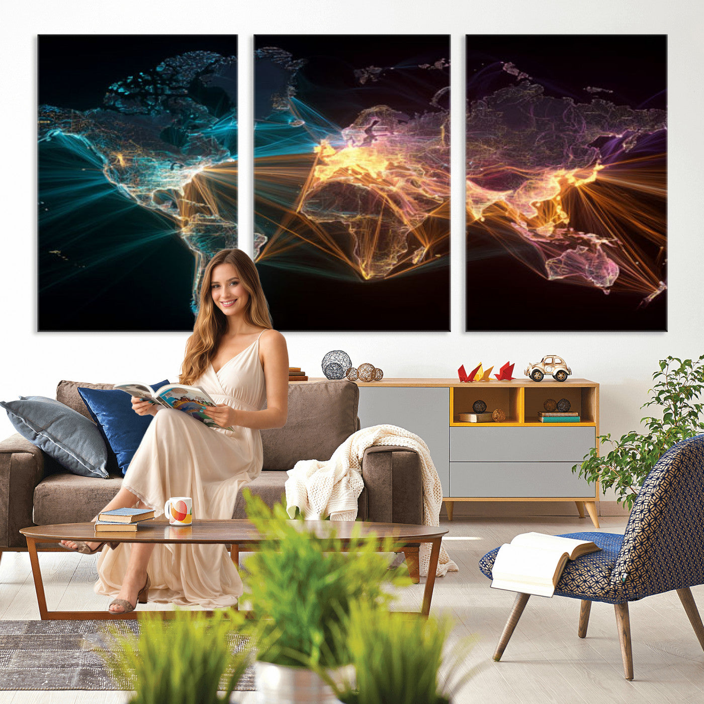 14891737-MGV-CV-36X24 - World Map and Global Flight Routes Map Canvas Wall Art, Worldwide Aviation Network Print, International Air Travel Wall Decor