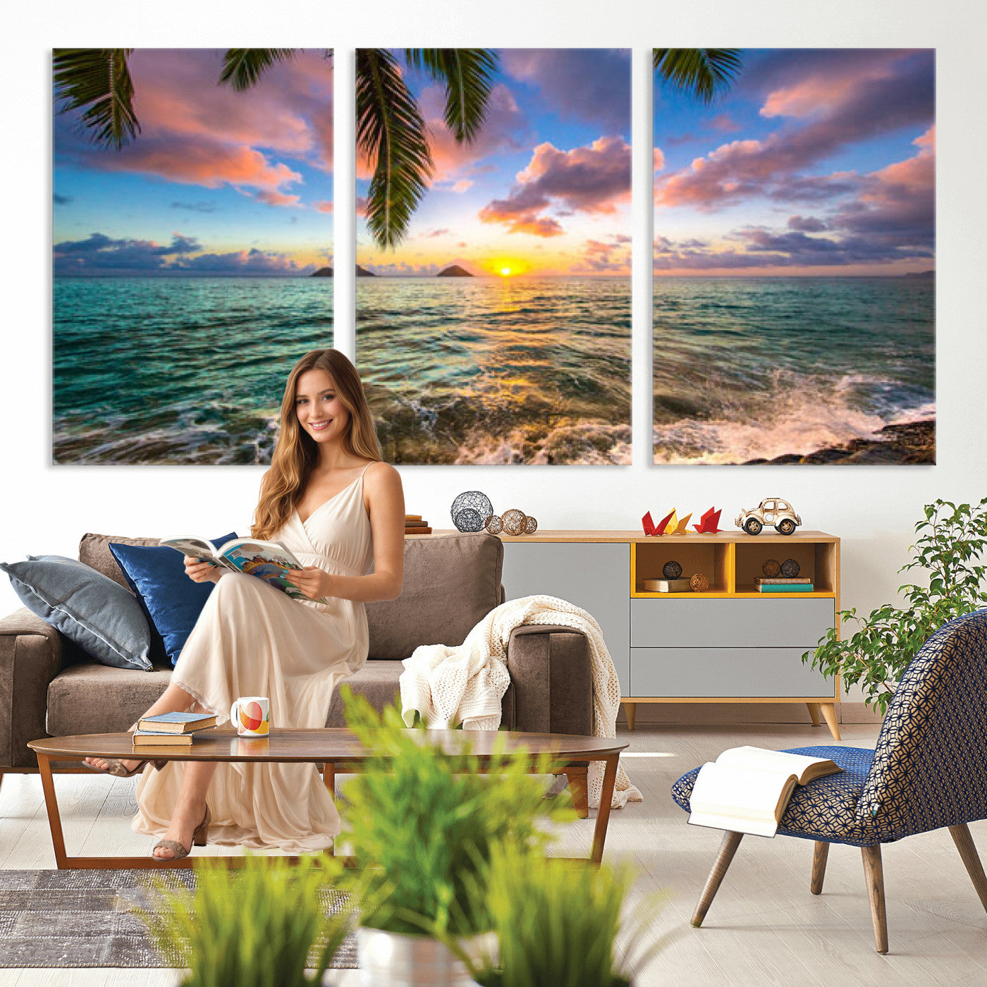 13207742-MGV-CV-36X24 - Hawaii Beach Sunset Canvas Wall Art Print, Tropical Ocean Landscape Artwork, Palm Tree Coastal Decor for Living Room Bedroom