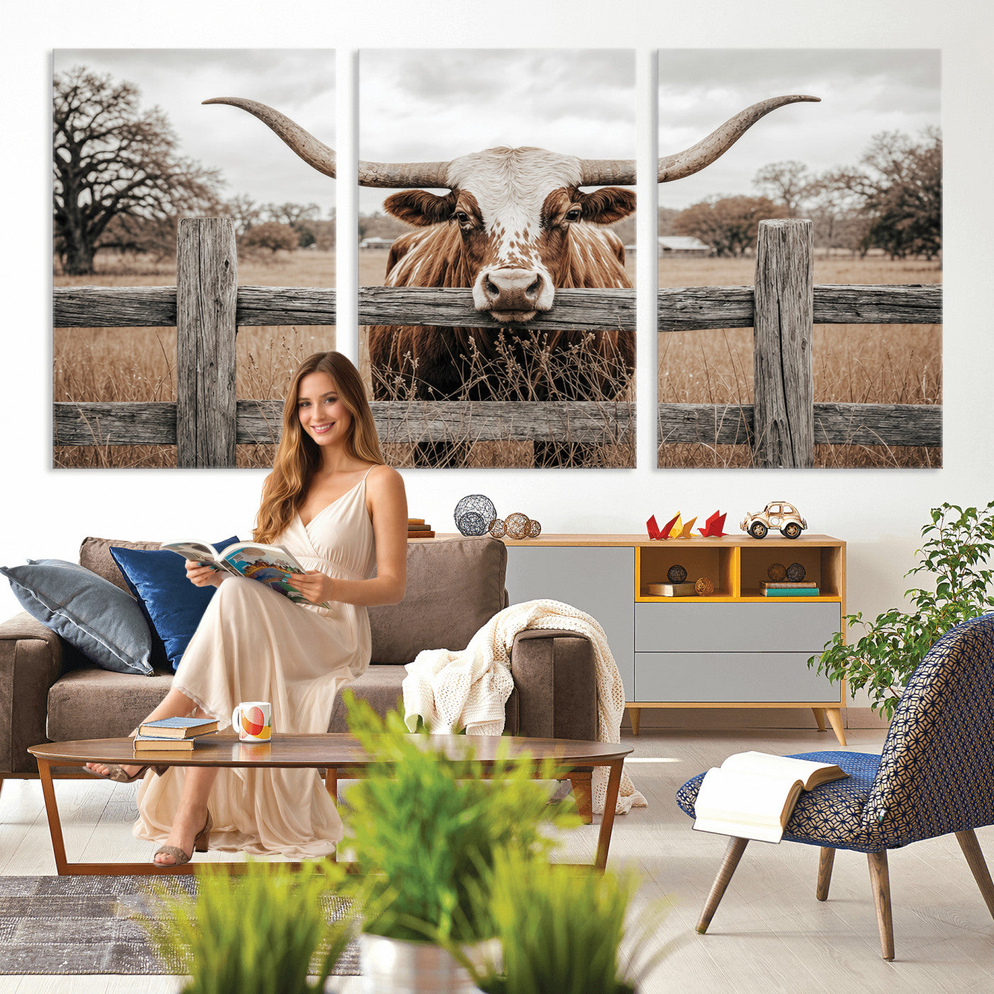 59378683N-MGV-CV-60X30-3P - Farmhouse Texas Longhorn Bull Canvas Wall Art, Western Ranch Cattle Photography Print, Rustic Barn Cowboy Decor Artwork