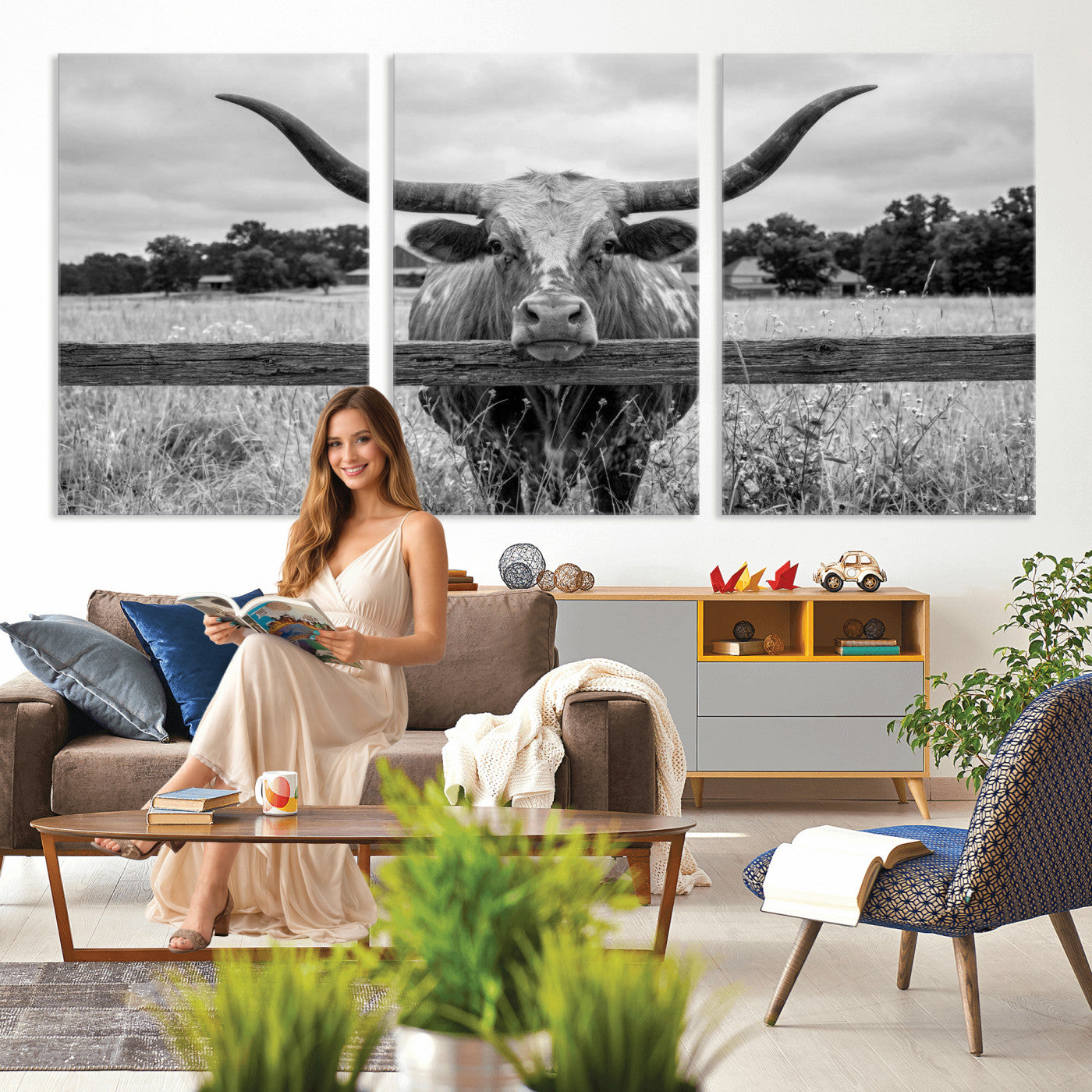 59378683-MGV-CV-60X30-3P - Black White Texas Longhorn Bull Canvas Wall Art, Western Ranch Cattle Photography Print, Rustic Farmhouse Cowboy Decor Artwork