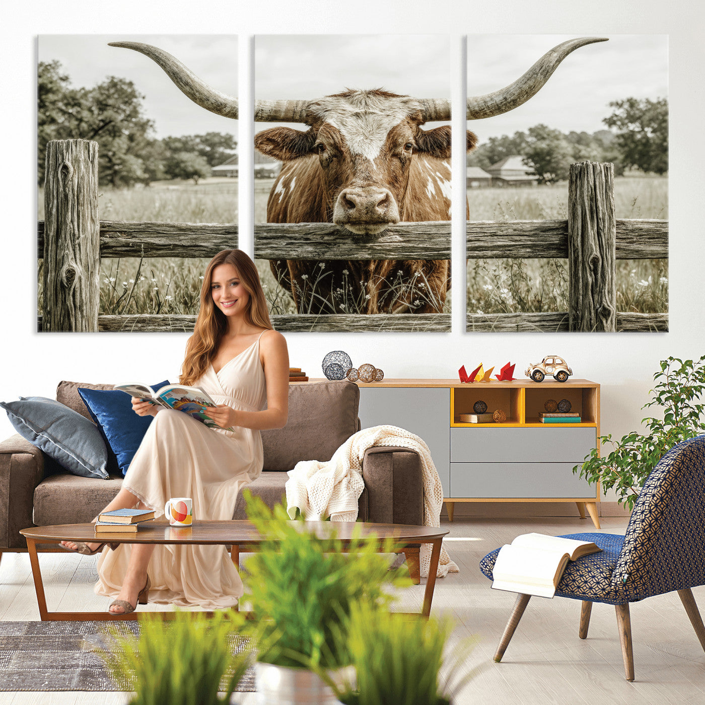 59378683M-MGV-CV-60X30-3P - Large Farmhouse Texas Longhorn Bull Canvas Wall Art, Western Ranch Cattle Photography Print, Rustic Barn Cowboy Decor Artwork