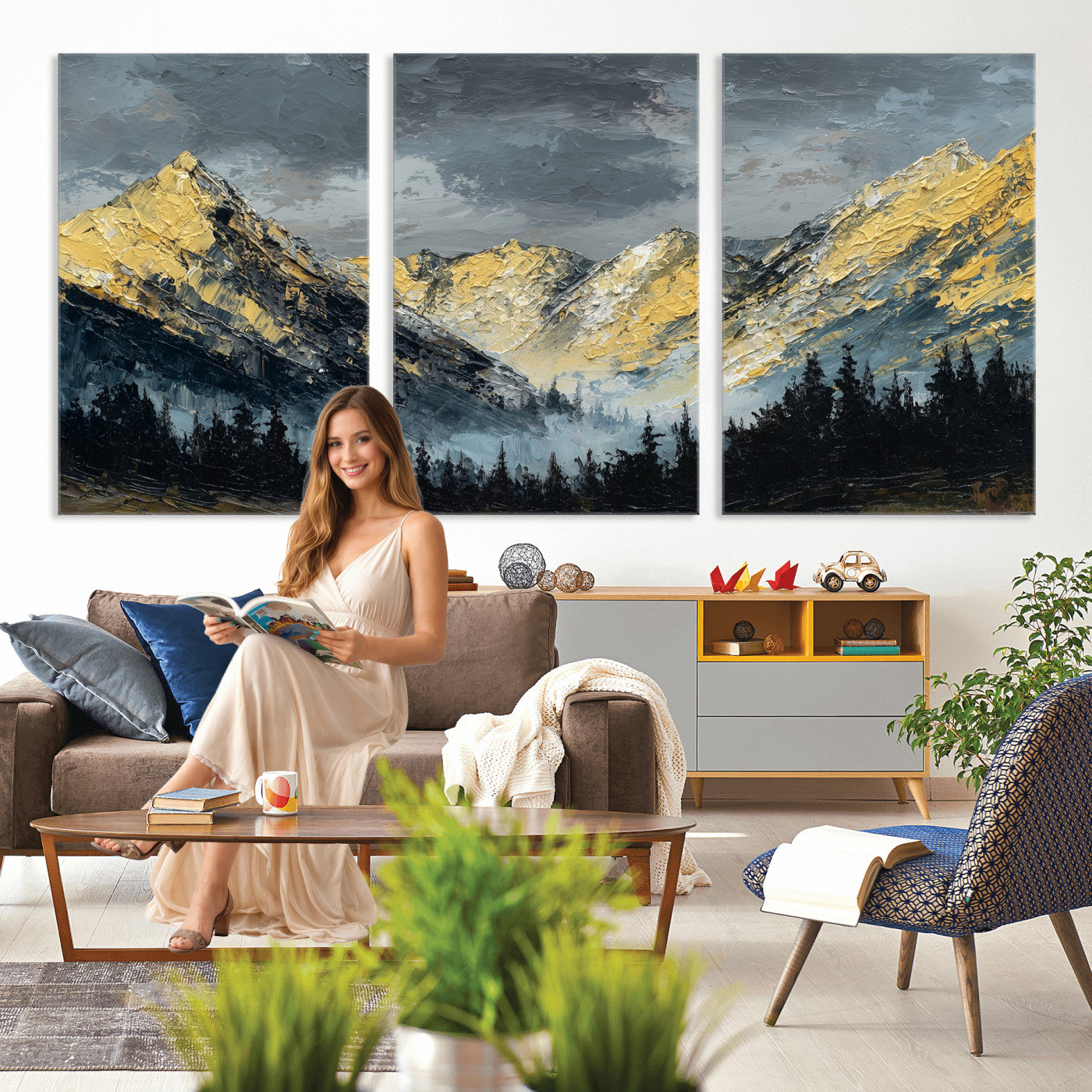86912101-MGV-CV-48X32-3P - Abstract Mountain Wall Art Canvas Print Modern Landscape Painting Print