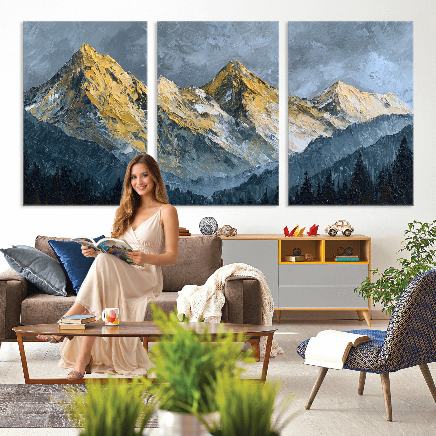 50821961-MGV-CV-48X32-3P - Abstract Mountain Wall Art Canvas Print Modern Landscape Painting Print
