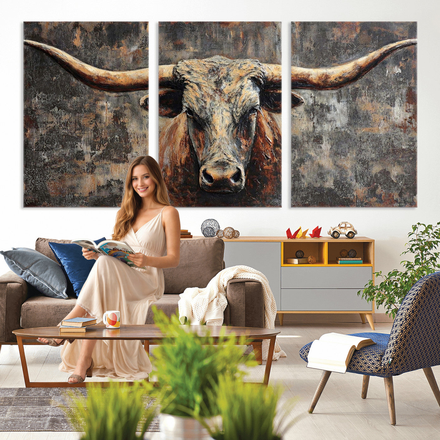 34202127RS-MGV-CV-60X30-3P - Texas Longhorn Skull Canvas Wall Art Rustic Western Decor Print