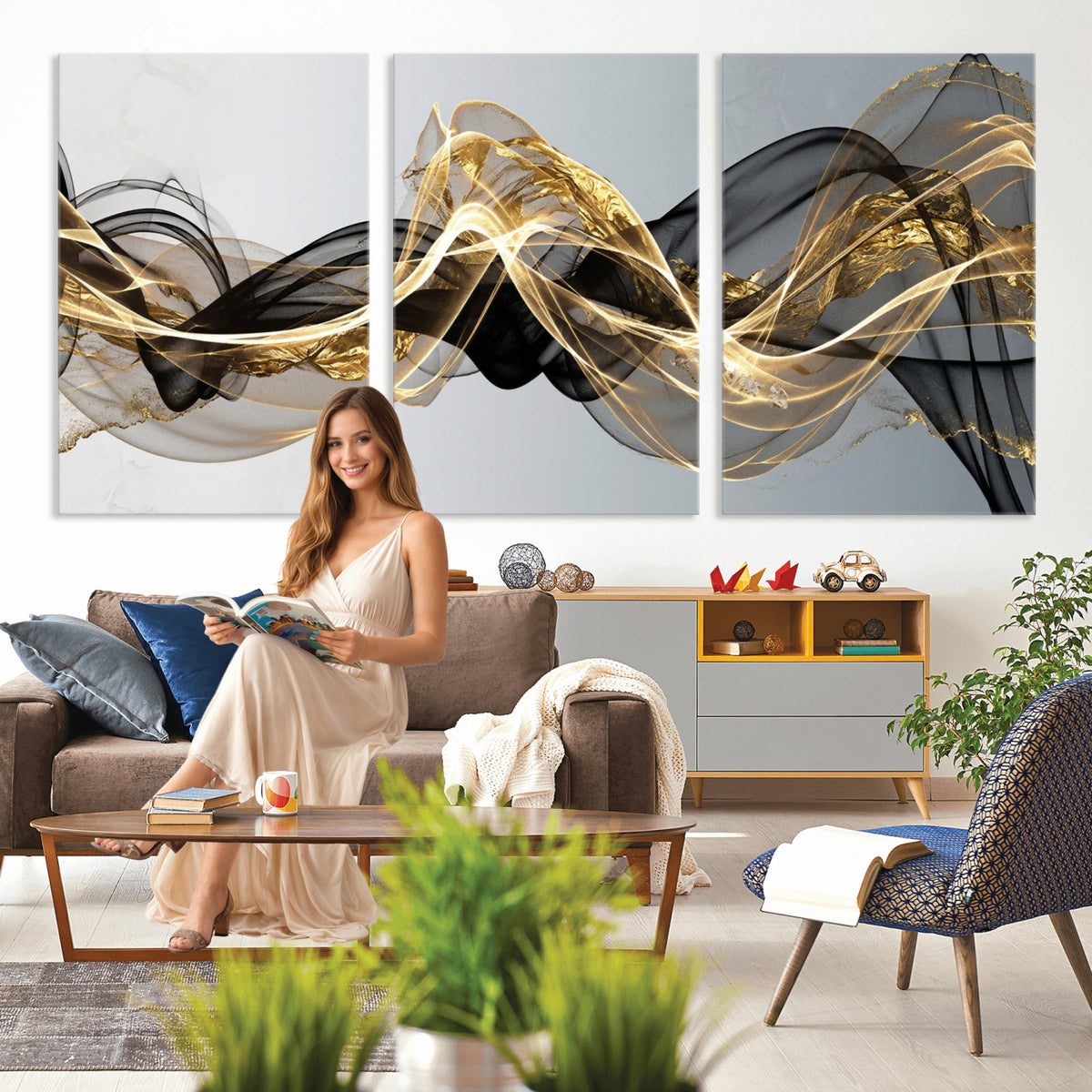 79483321DL-MGV-CV-36X24 - Black and Gold Abstract Wall Art, Modern Wave Canvas Print, Elegant Flowing Smoke Art, Luxury Living Room Decor