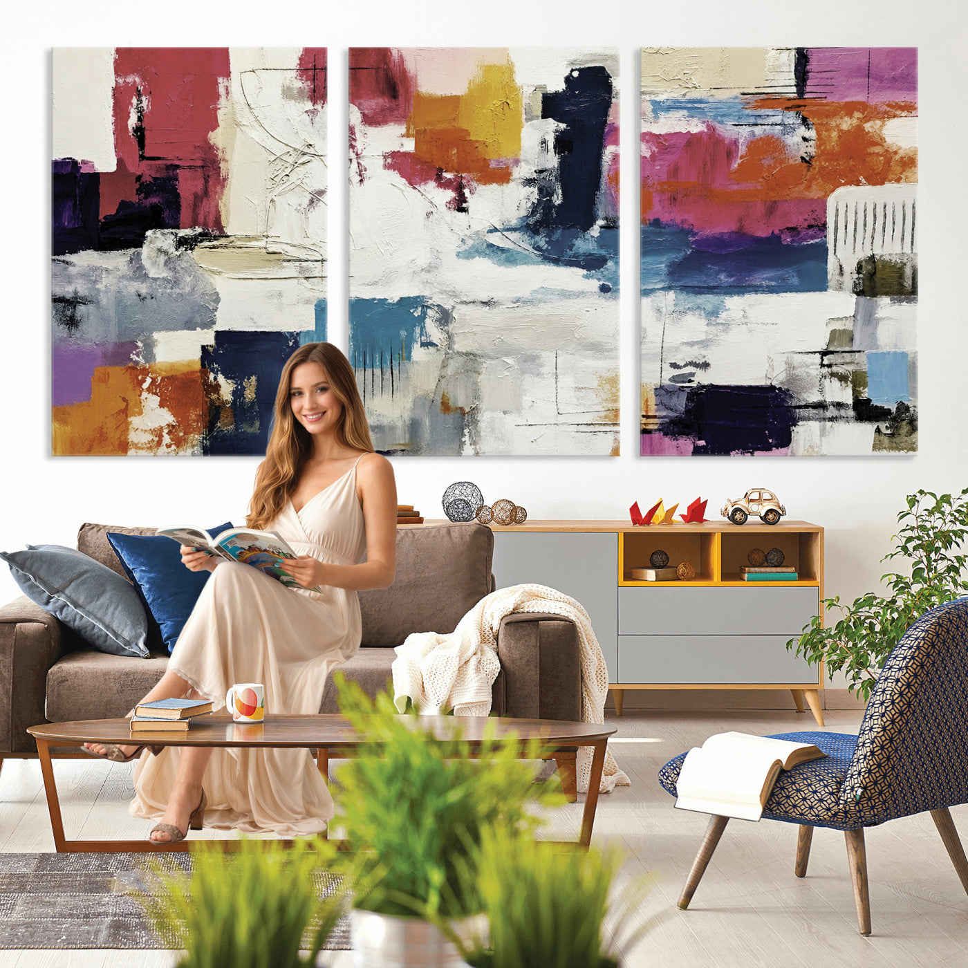57864023-MGV-CV-36X24 - Blue Teal Abstract Canvas Wall Art, Modern Textured Painting Print, Navy Orange White Contemporary Art, Neutral Living Room Decor, Office Art