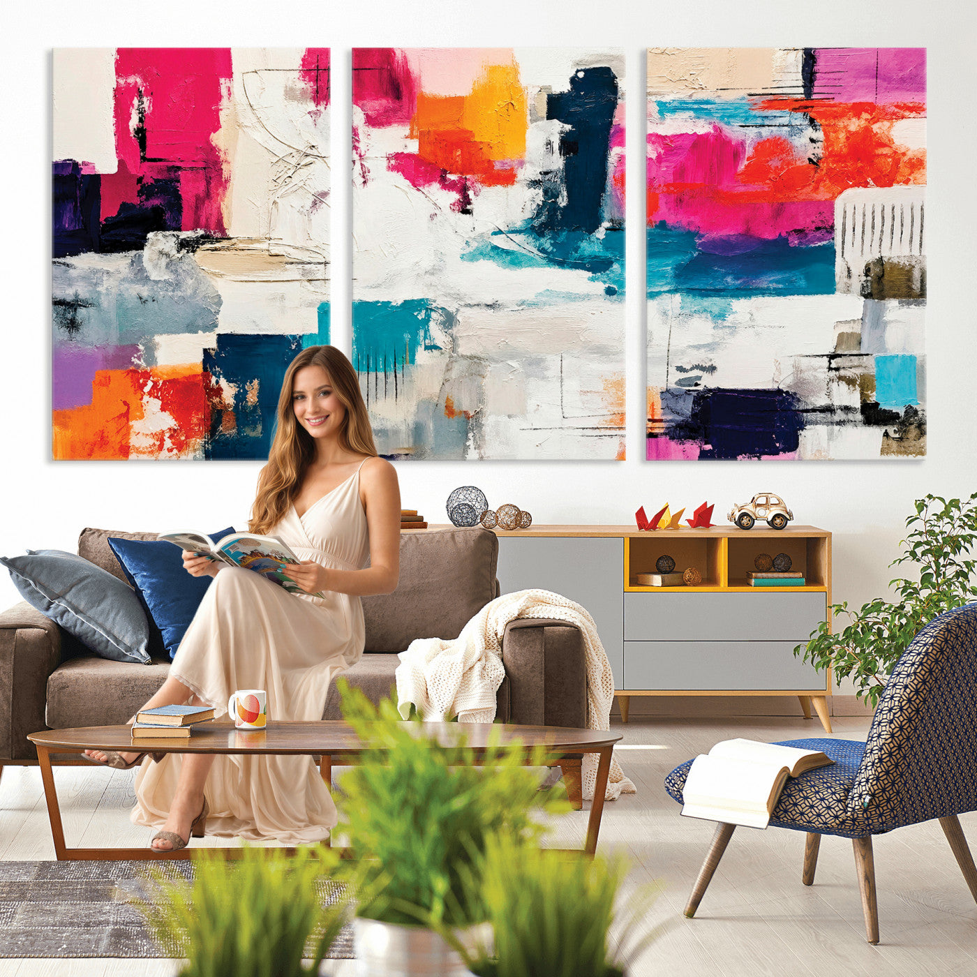 57864023-MGV-CV-36X24 - Blue Teal Abstract Canvas Wall Art | Modern Textured Painting Print, Navy Orange White Contemporary Art, Neutral Living Room Decor, Office Art