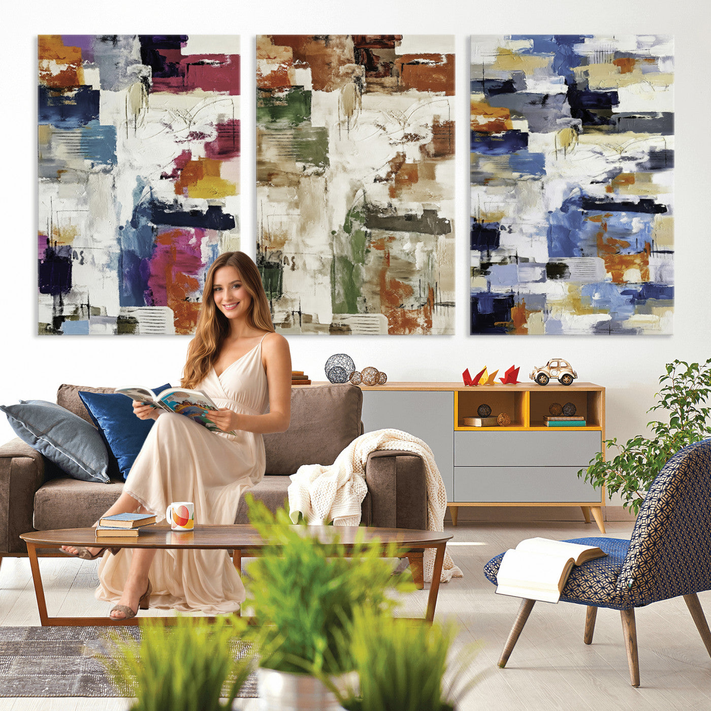33267833-MGV-CV-60X30-3P - Blue Teal Abstract Canvas Wall Art, Modern Textured Painting Print, Navy Orange White Contemporary Art, Neutral Living Room Decor, Office Art
