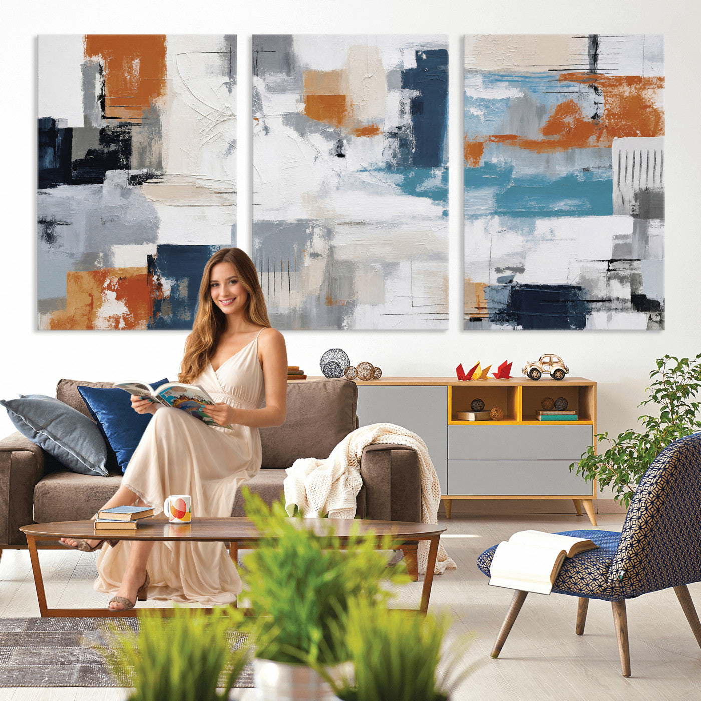 44950303-MGV-CV-36X24 - Blue Teal Abstract Canvas Wall Art, Modern Textured Painting Print, Navy Orange White Contemporary Art, Neutral Living Room Decor, Office Art