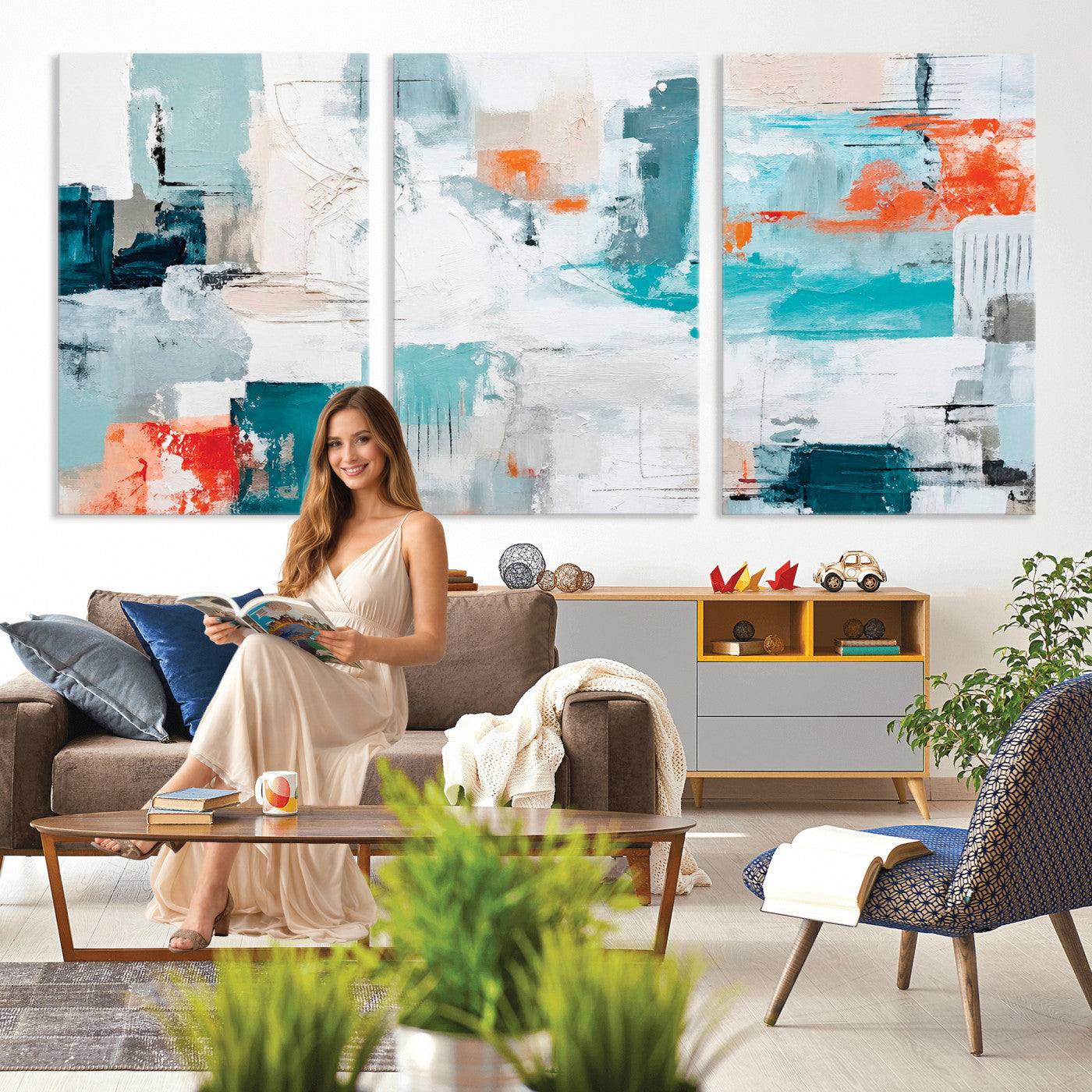 98638479-MGV-CV-36X24 - Blue Teal Abstract Canvas Wall Art | Modern Textured Painting Print, Navy Orange White Contemporary Art, Neutral Living Room Decor, Office Art