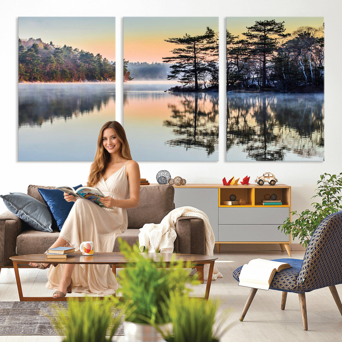 34236027-MGV-CV-36X24 - Before People Wake Canvas Wall Art Print, Misty Lake Sunrise Landscape, Forest Reflection Nature Decor, Ready to Hang