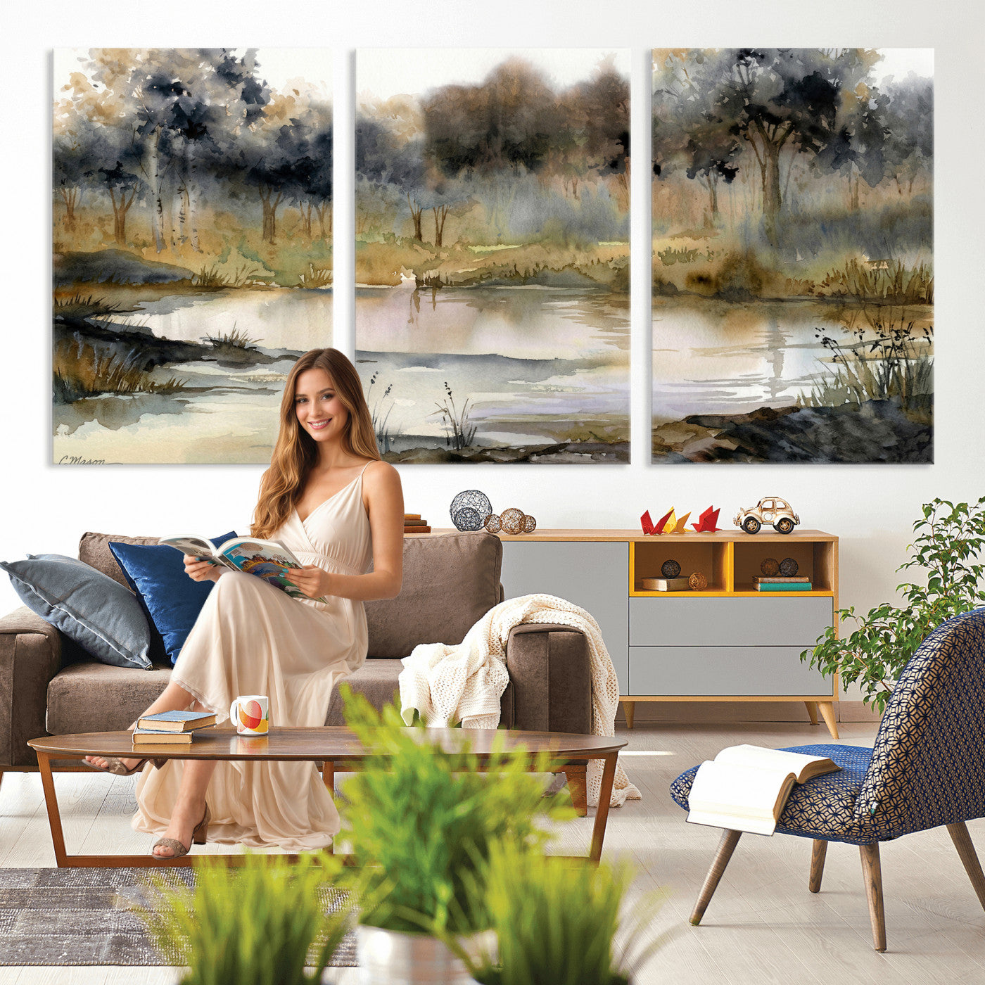 27383609-MGV-CV-36X24 - Abstract WatercolorAutumn Lake Canvas Wall Art Print, Misty Forest Landscape, Rustic Nature Painting, Cabin Wall Decor, Ready to Hang