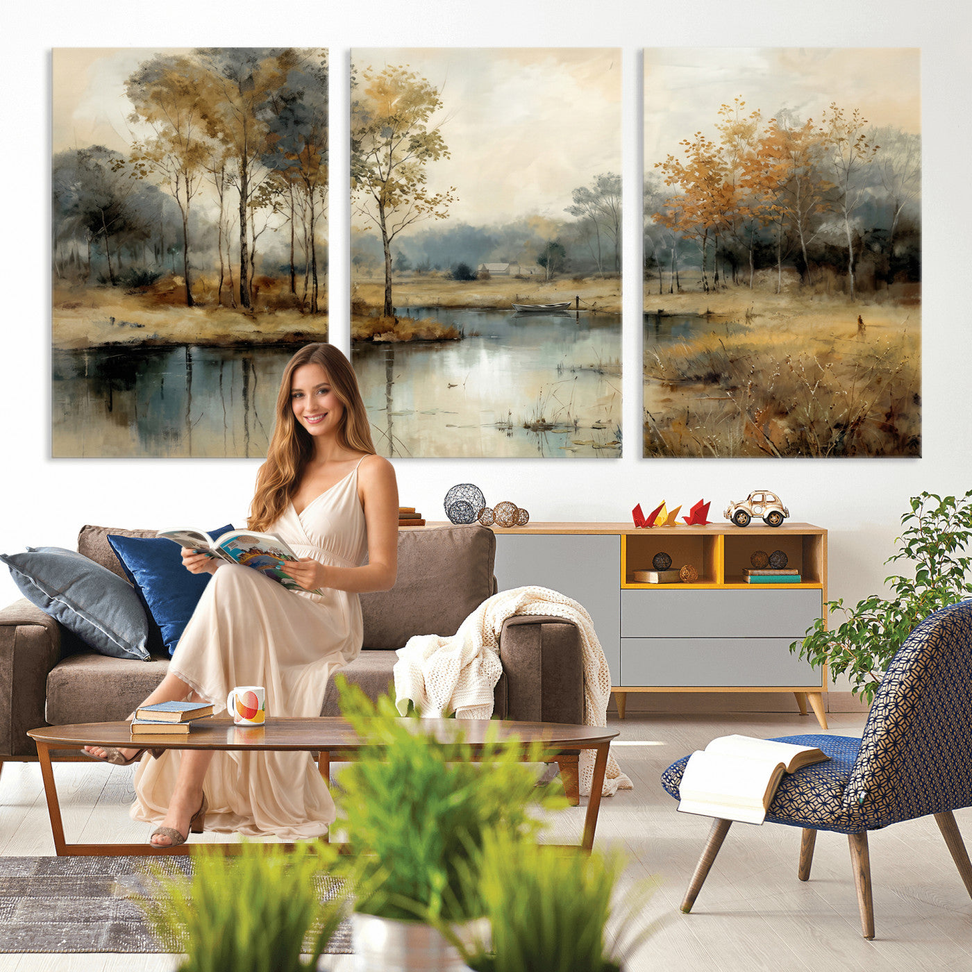 74391095-MGV-CV-36X24 - Abstract WatercolorAutumn Lake Canvas Wall Art Print, Misty Forest Landscape, Rustic Nature Painting, Cabin Wall Decor, Ready to Hang