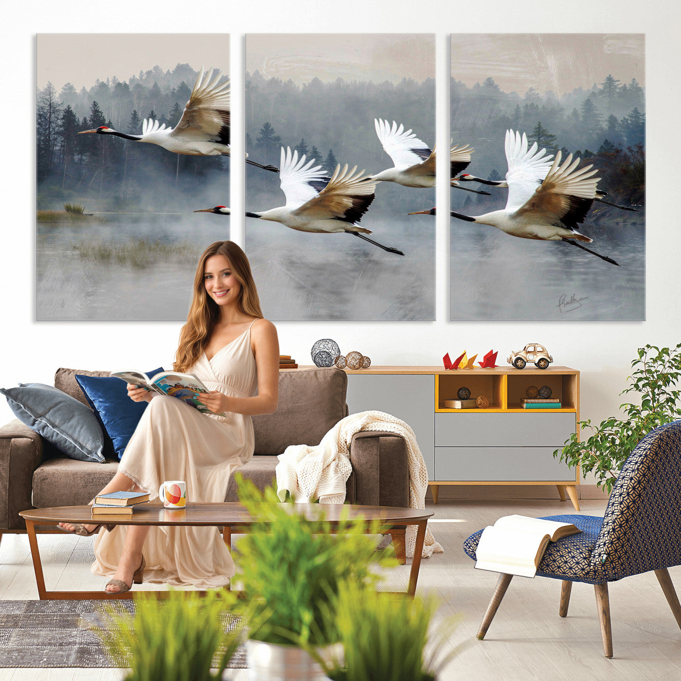 24356826-MGV-CV-36X24 - Flying Crane Canvas Wall Art Print, White Crane Bird Artwork, Wildlife Nature Decor, Lake Landscape Canvas - Ready to Hang
