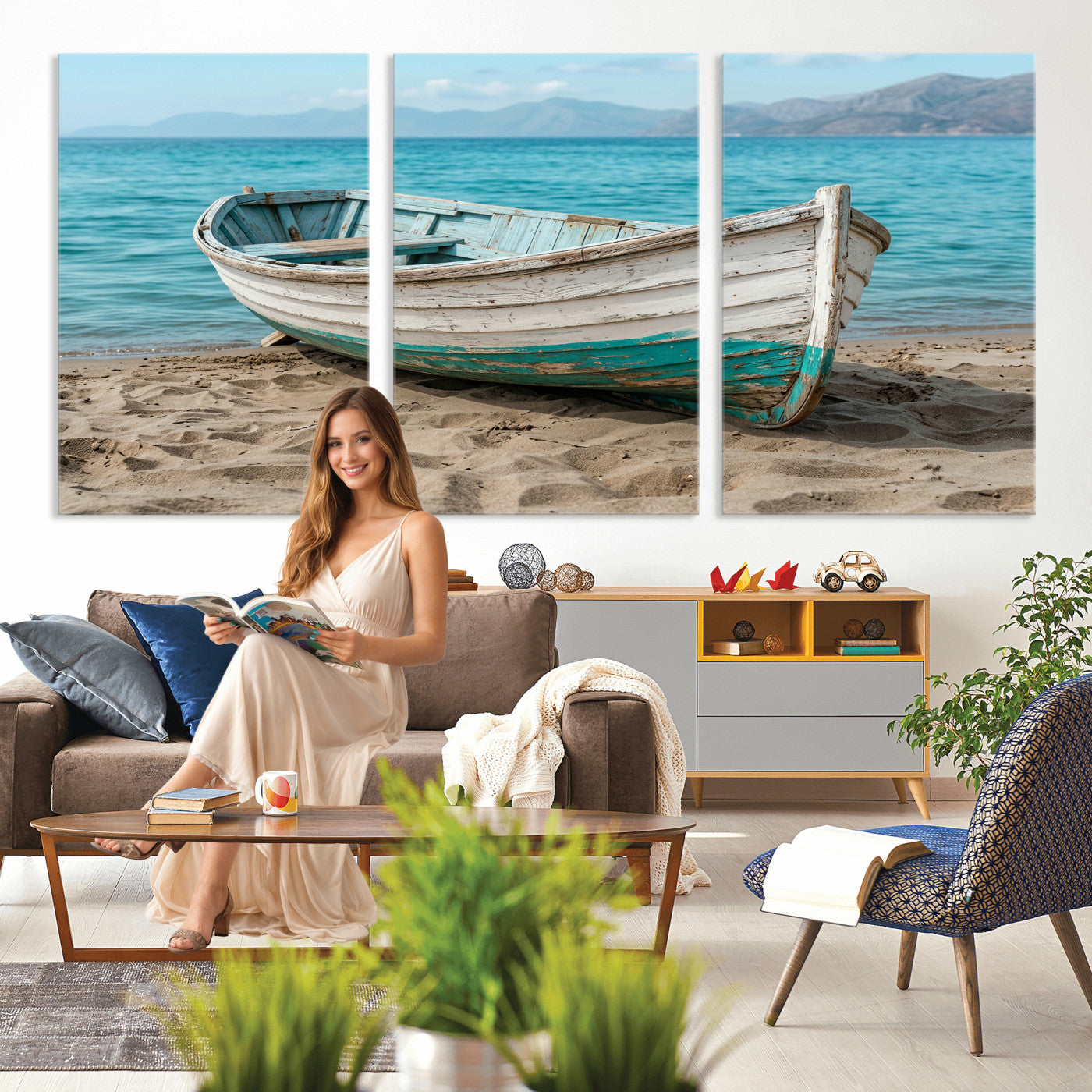 49963709-MGV-CV-36X24 - Coastal Boat Canvas Wall Art Print, Beach Boat Painting, Nautical Ocean Decor, Seascape Wall Art, Ready to Hang