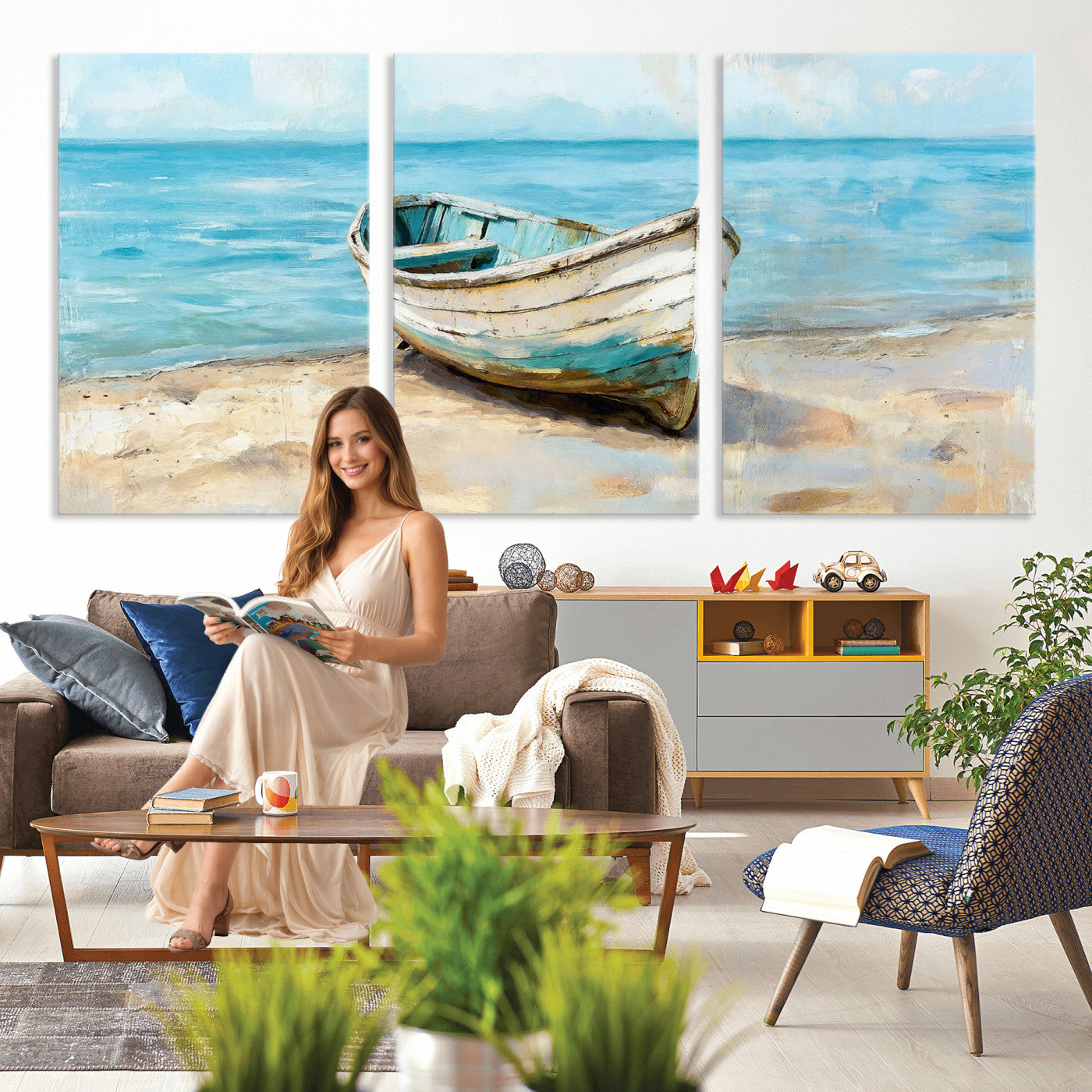 14780565-MGV-CV-36X24 - Coastal Boat Canvas Wall Art Print, Beach Boat Painting, Nautical Ocean Decor, Seascape Wall Art - Ready to Hang