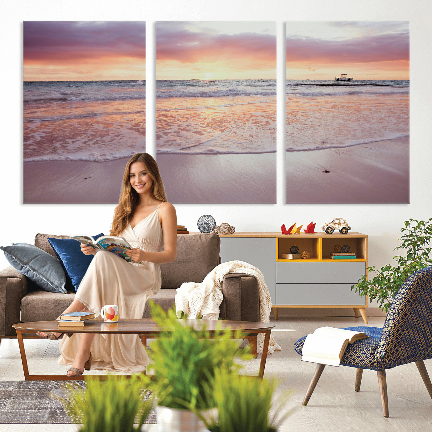 44765395-MGV-CV-36X24 - Beach Sunset Canvas Wall Art Print, Ocean Waves Landscape, Coastal Photography, Seascape Wall Decor, Ready to Hang