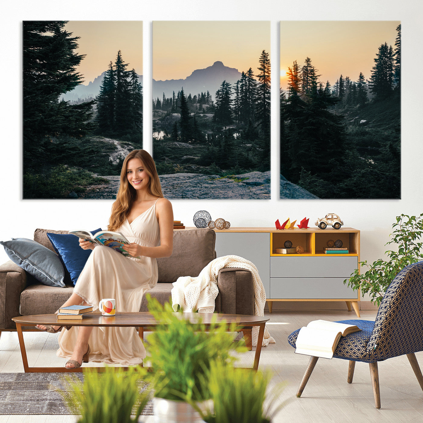 89996020-MGV-CV-36X24 - Mountain Forest Canvas Wall Art Print, Pine Tree Landscape, Sunset Nature Photography, Wilderness Wall Decor, Ready to Hang