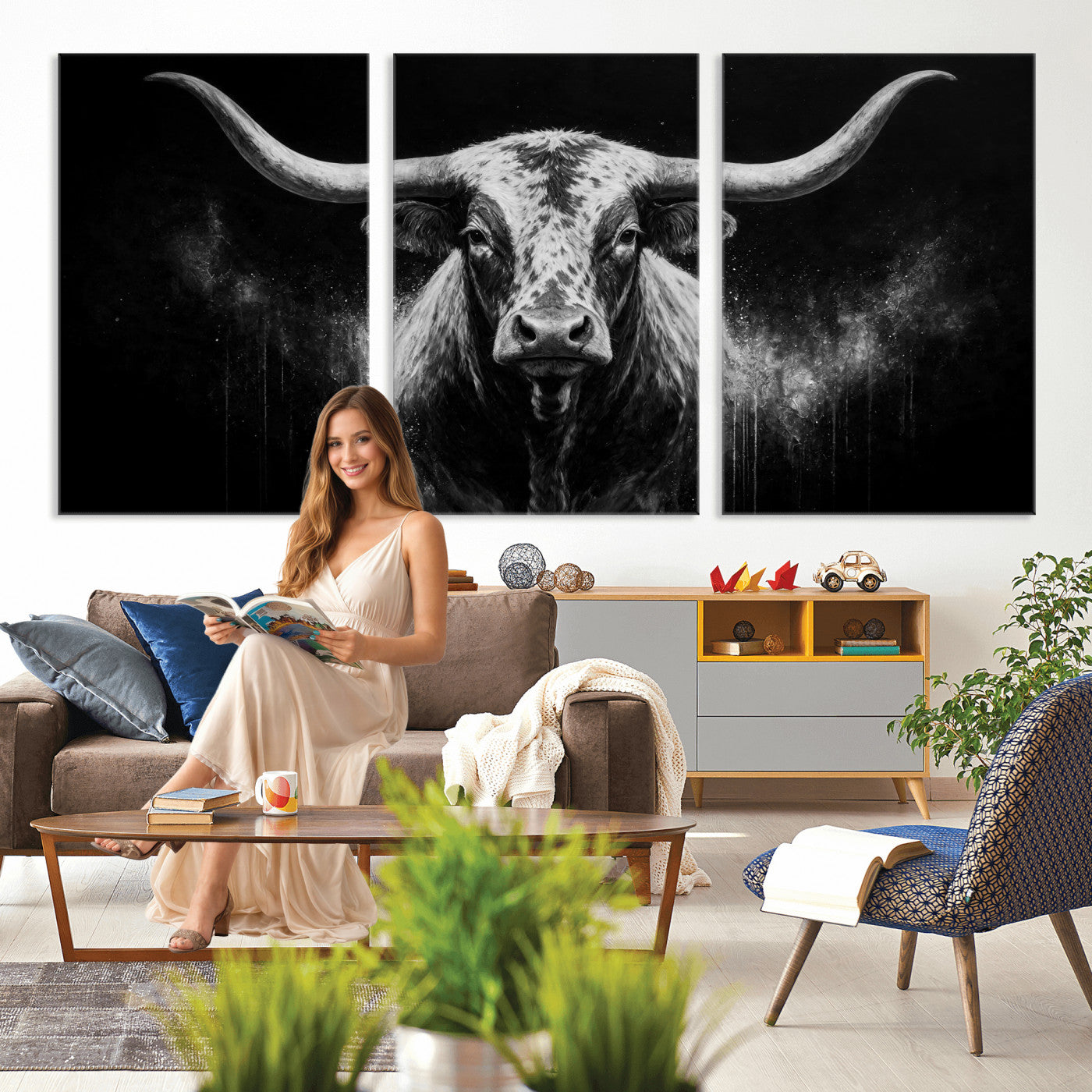 29671077-MGV-CV-60X30-3P - Texas Bull Cow Longhorn Canvas Wall Art Moody Western Bull Oil Painting Print