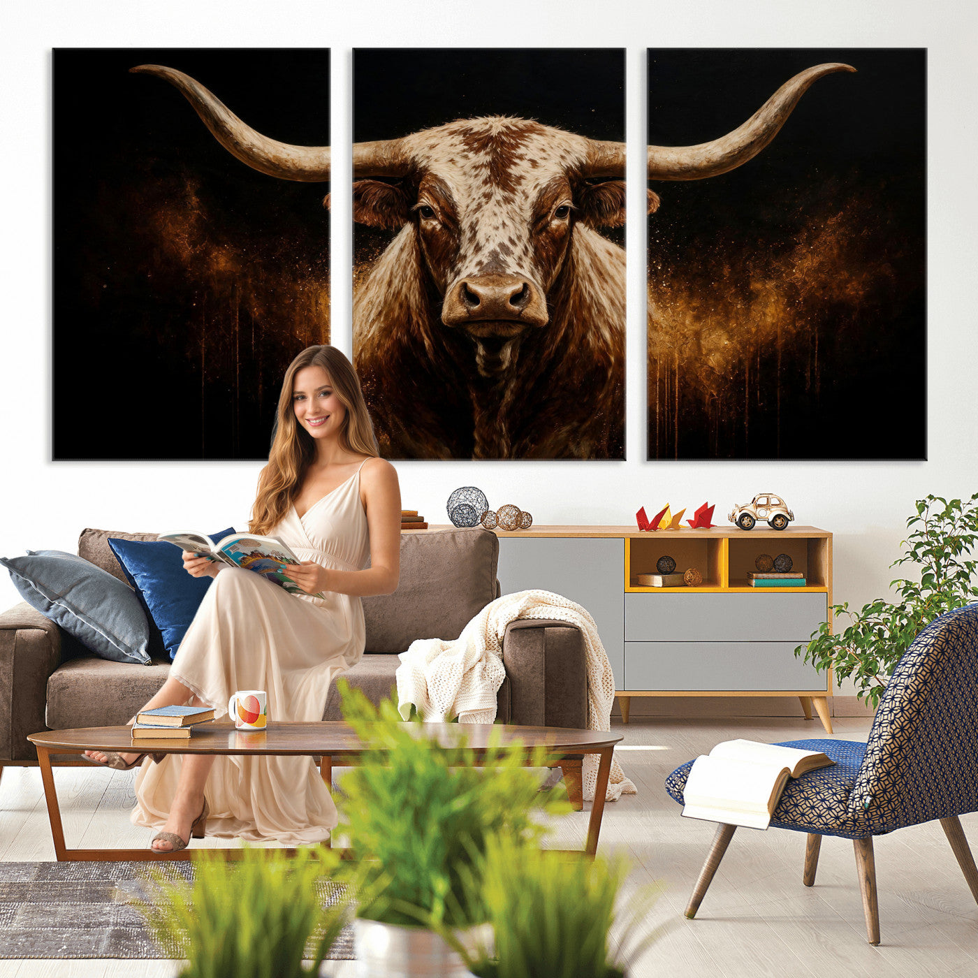 62076449-MGV-CV-48X32-3P - Texas Bull Cow Longhorn Canvas Wall Art Moody Western Bull Oil Painting Print