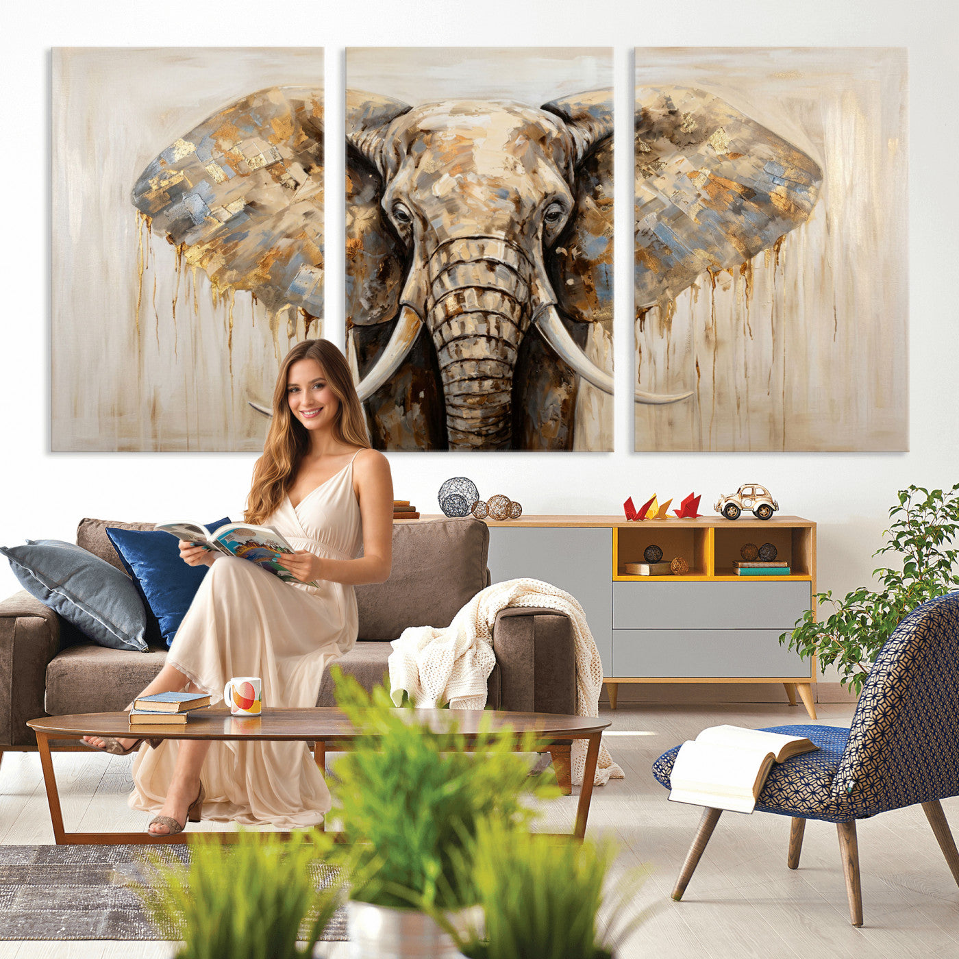 95819221-MGV-CV-36X24 - Gold Leaf Elephant Canvas Wall Art Abstract African Wildlife Painting Print